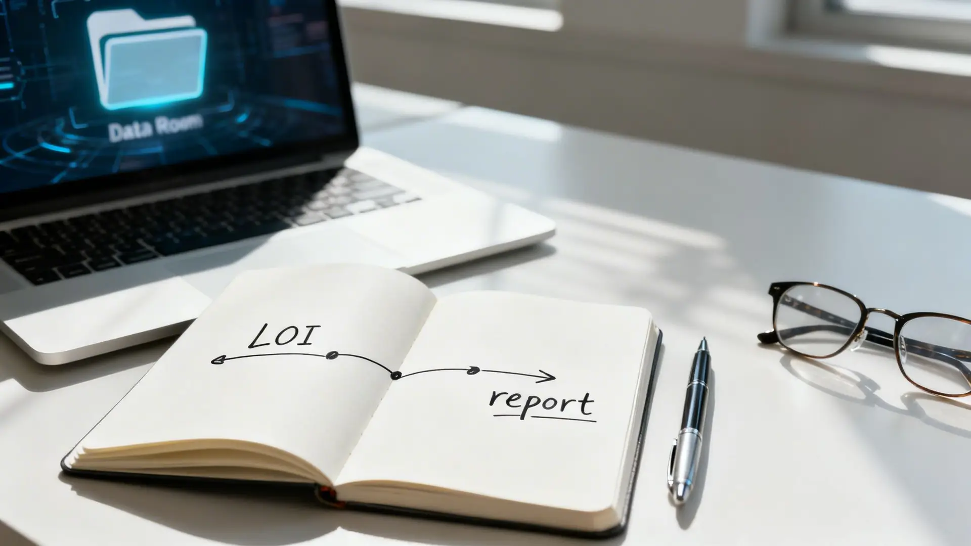 A laptop shows 'Data Room' while a notebook displays 'LOI to report' flowchart, next to a pen and glasses.