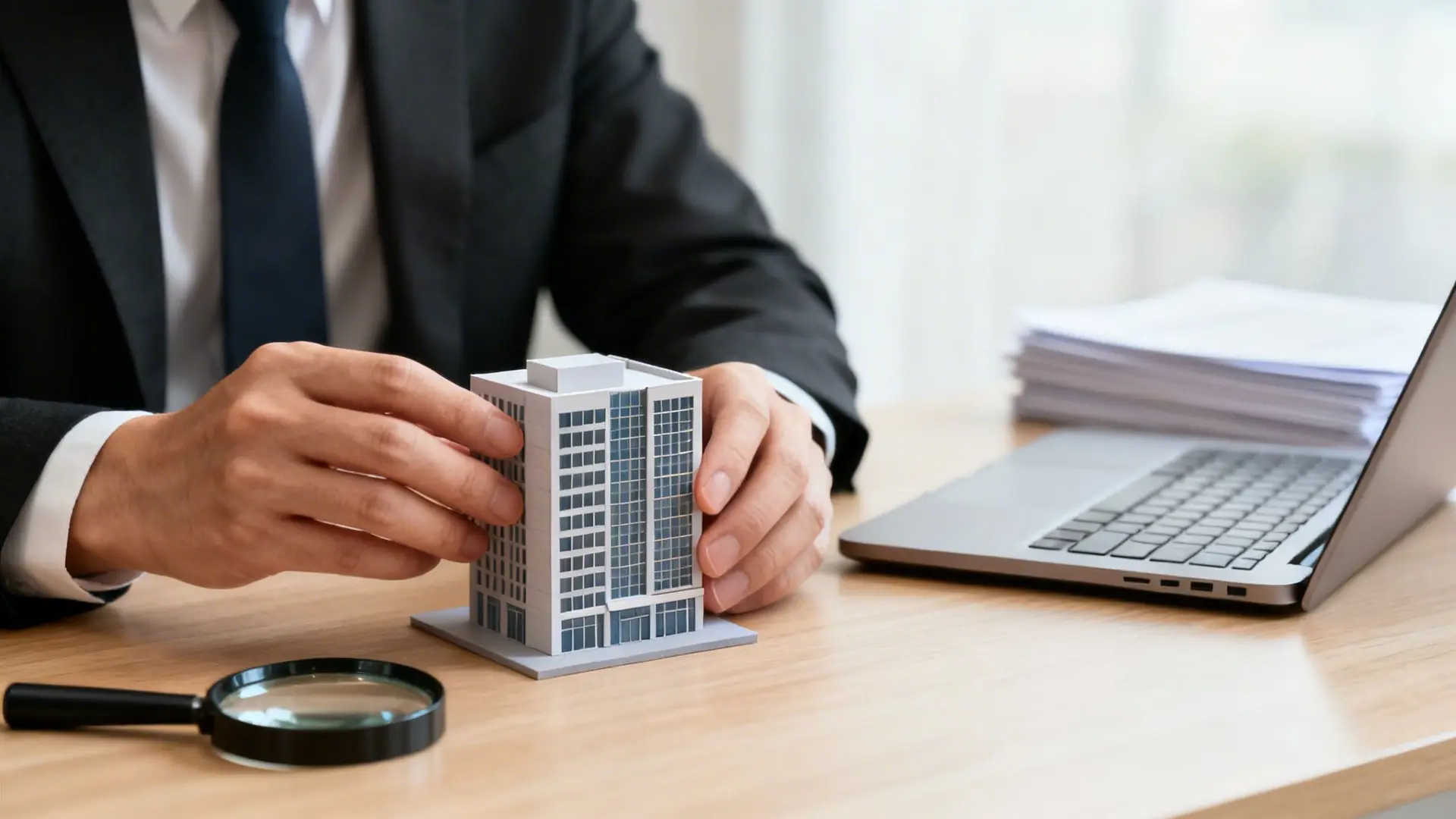 A businessman in a suit holds a building model, symbolizing real estate due diligence and investment analysis.