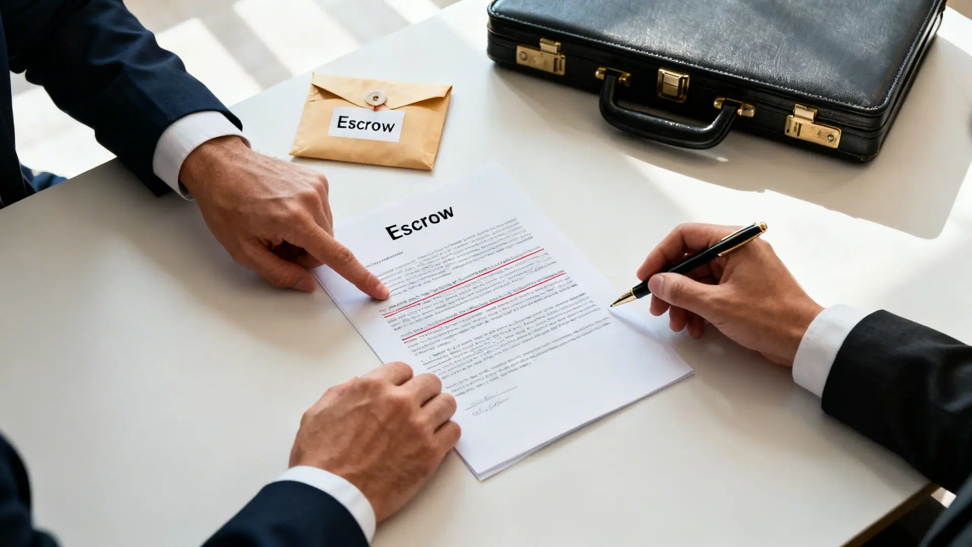 Two business professionals discussing and signing an escrow document during a meeting, with a briefcase.