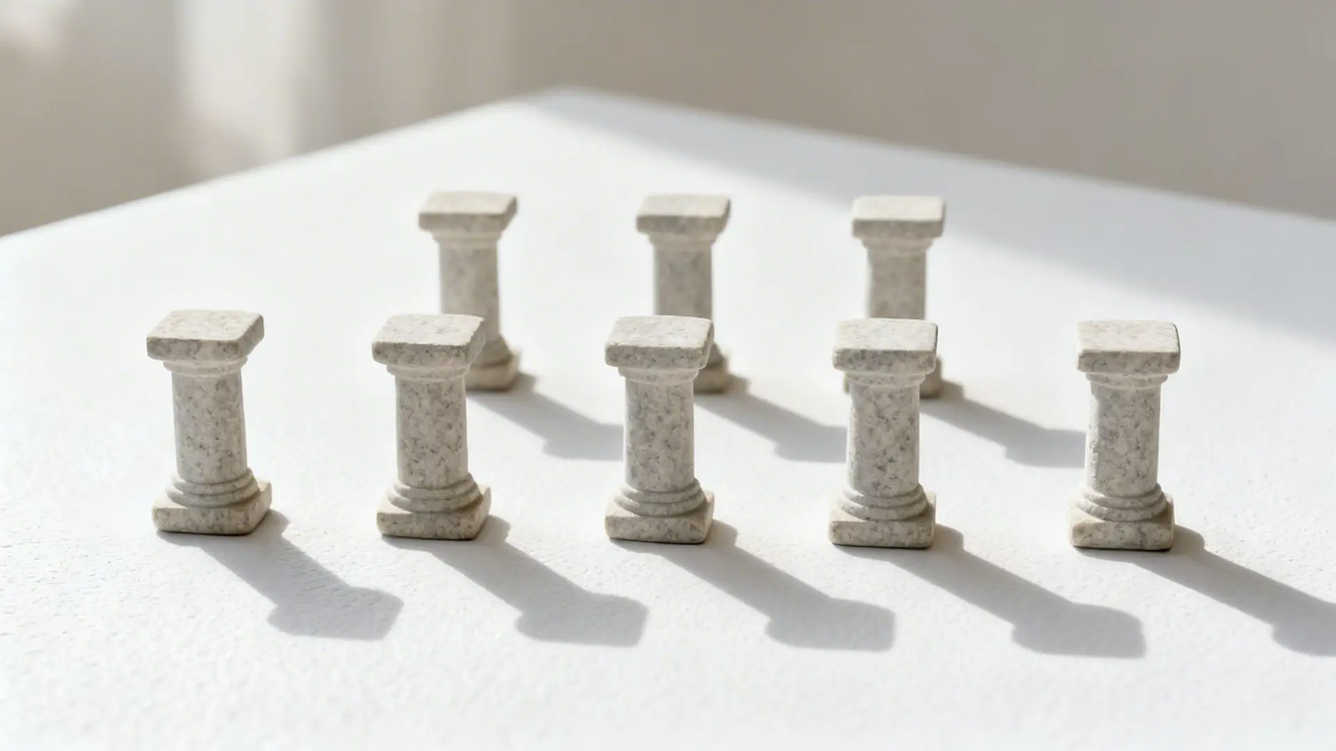 Eight miniature grey stone pillars casting long shadows on a white textured surface.