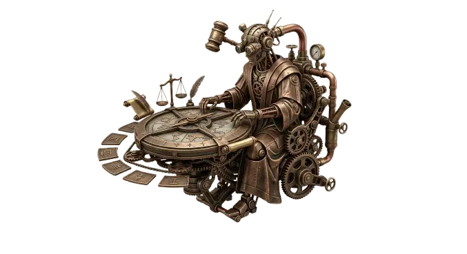 A complex, detailed Steampunk construct of a mechanical arbitrator figure presiding over a rotating global tribunal mechanism. The sculpture is made of patinated bronze and copper, featuring gears, gauges, balanced scales, and unreadable symbolic plates. It floats centered against a plain taupe background