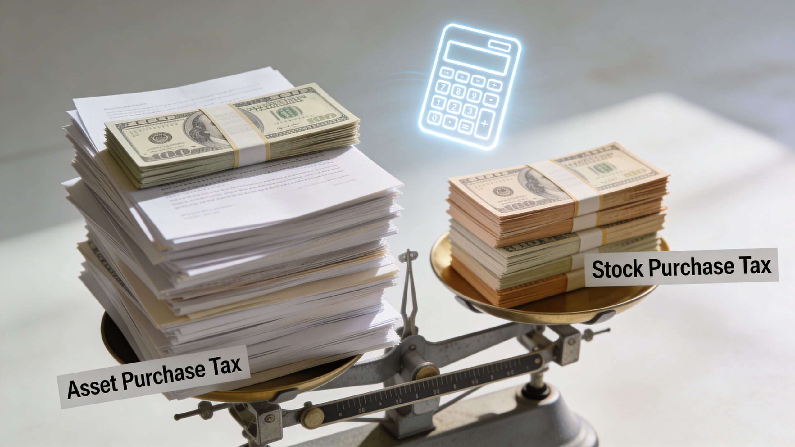 A vintage balance scale comparing piles of cash on documents labeled Asset Purchase Tax and Stock Purchase Tax.