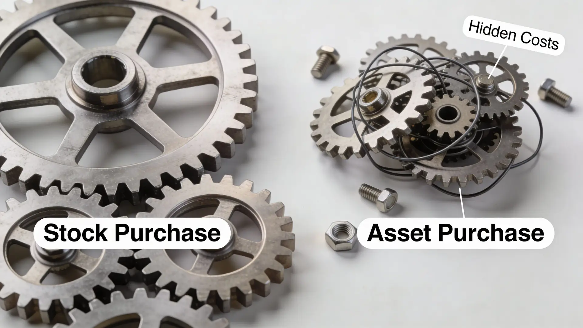 A conceptual comparison between stock purchase and asset purchase illustrated with organized and tangled metal gears.
