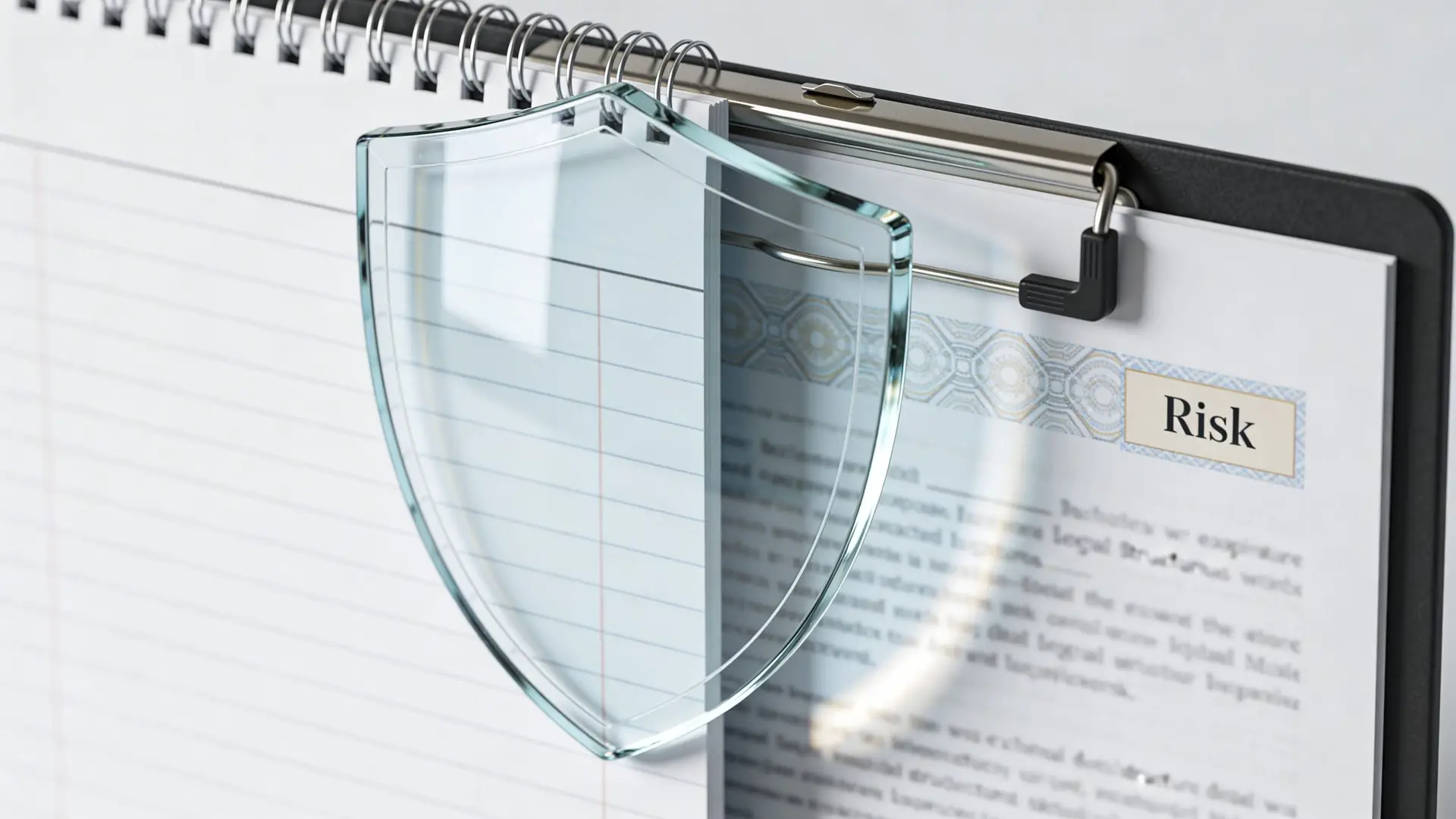 A conceptual image showing a transparent glass shield positioned over a business document labeled with the word Risk.