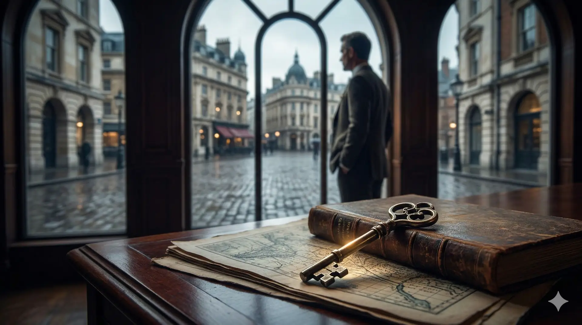 An ornate golden key rests on ancient maps and a leather ledger, symbolizing a strategic commercial lease negotiation in an elegant, historic city office