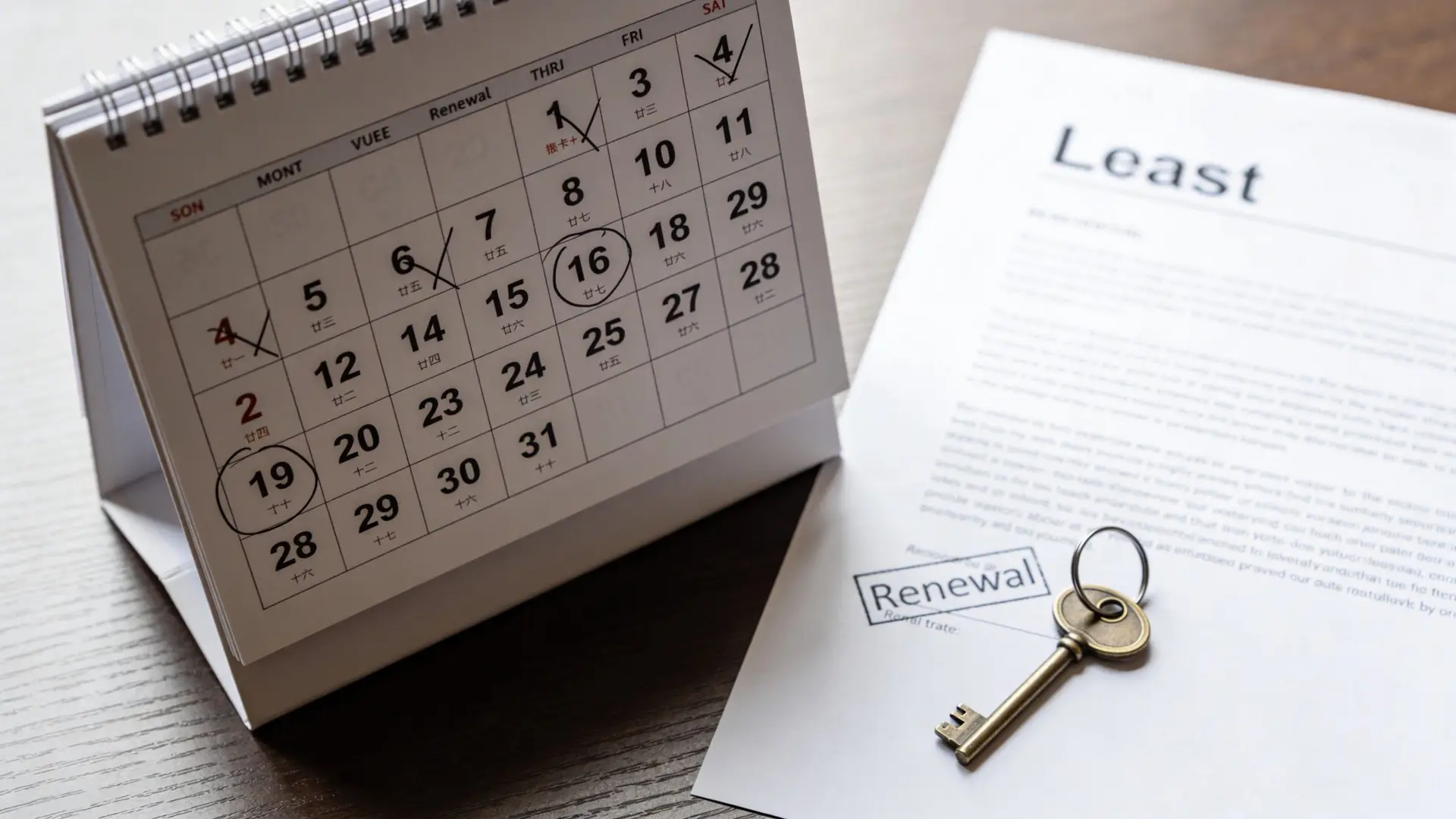 A calendar showing marked dates next to a document and a metal key for commercial lease renewal.