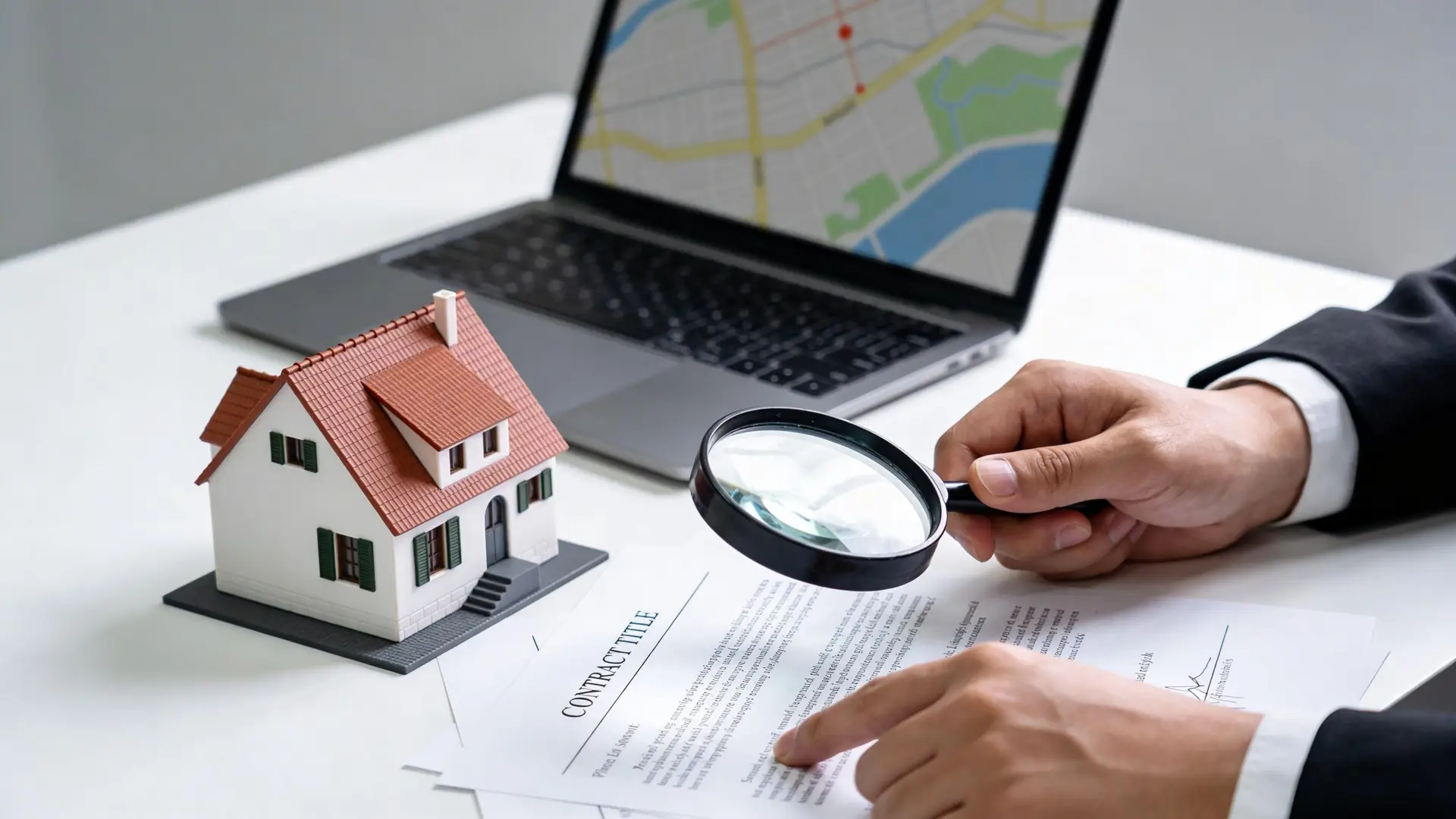A real estate agent reviews a property contract with a magnifying glass beside a model house.