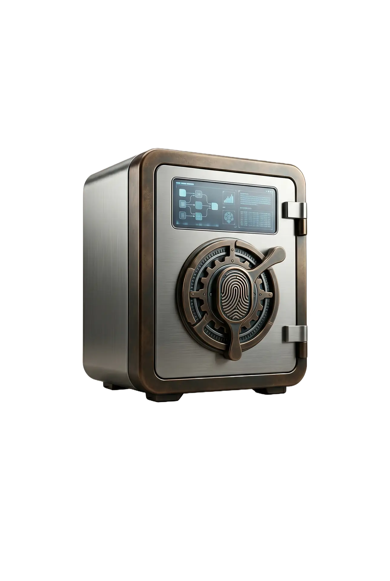 A secure, stylized safe combining brushed steel, patinated bronze, and an integrated digital interface, representing modern M&A data protection, set against a light taupe background on a luxury magazine cover layout