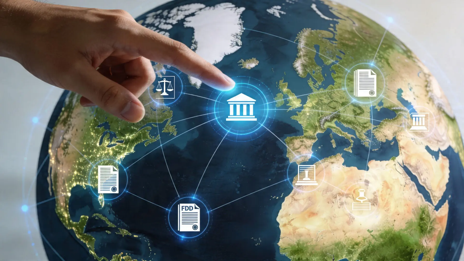 A hand touching a glowing banking icon over a digital world map surrounded by legal document symbols.