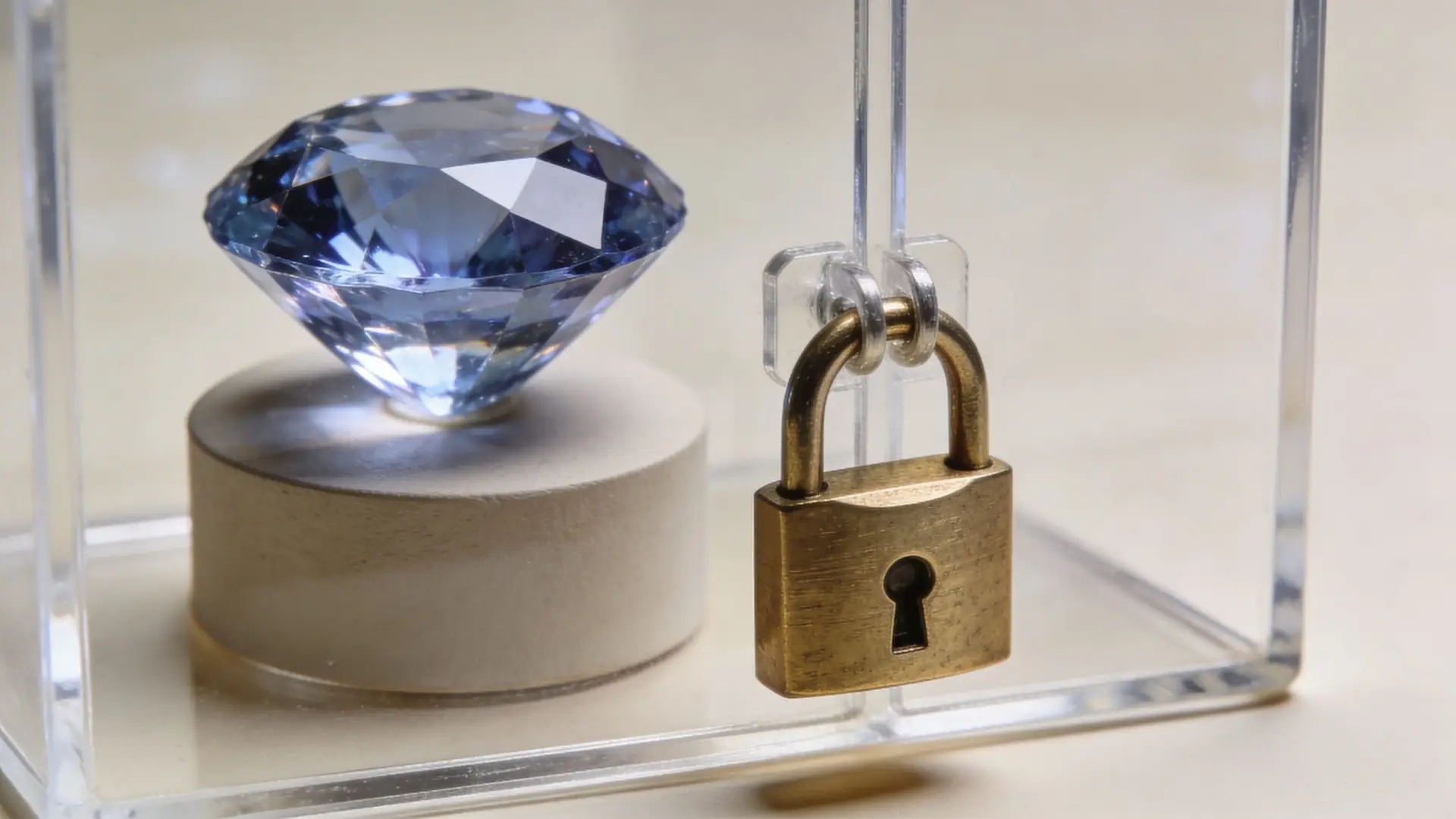 A blue diamond secured inside a clear acrylic display case locked with a brass padlock.