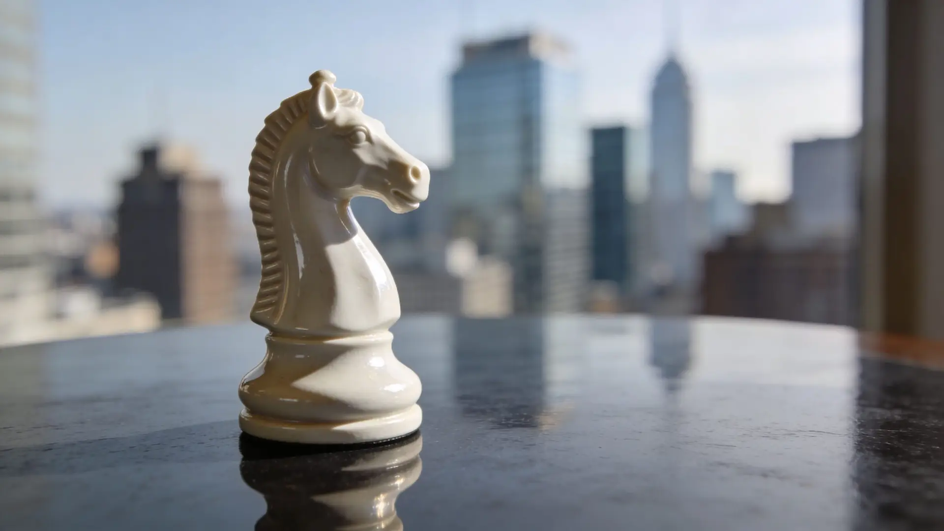 A white chess knight piece standing on a reflective surface against a blurred city skyline background.