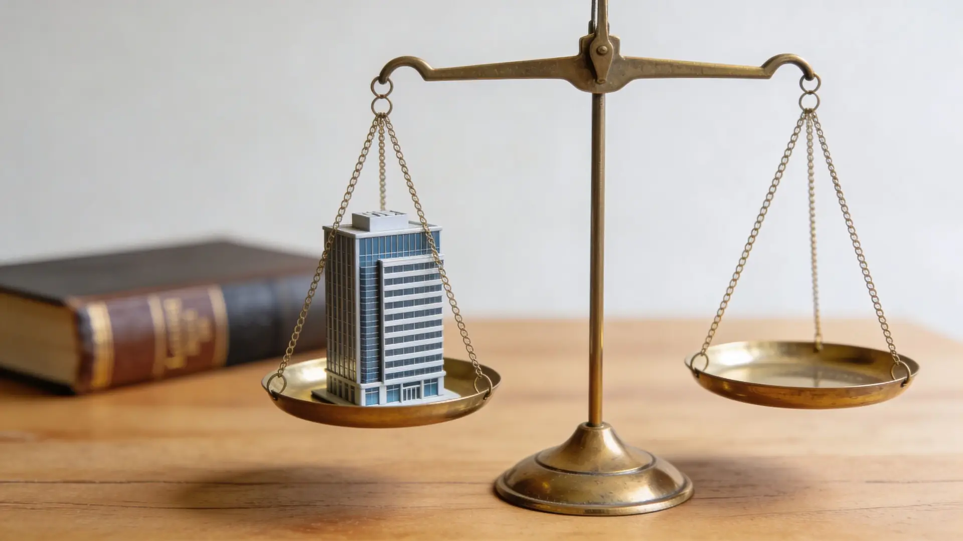 A brass balance scale featuring a model building on one side with a blurred law book background.