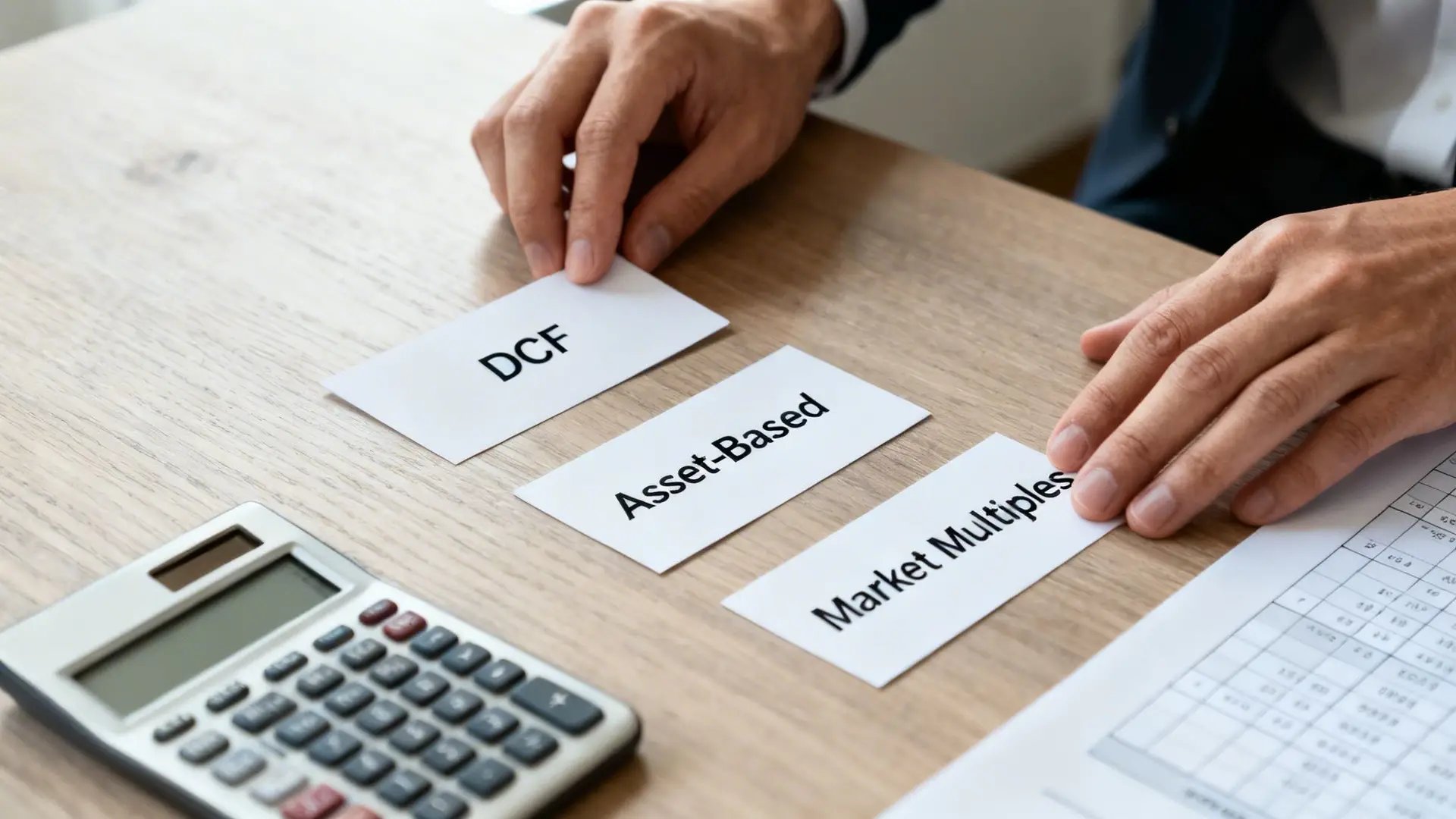 A person arranges cards with business valuation methods: DCF, Asset-Based, Market Multiples, on a desk with a calculator.