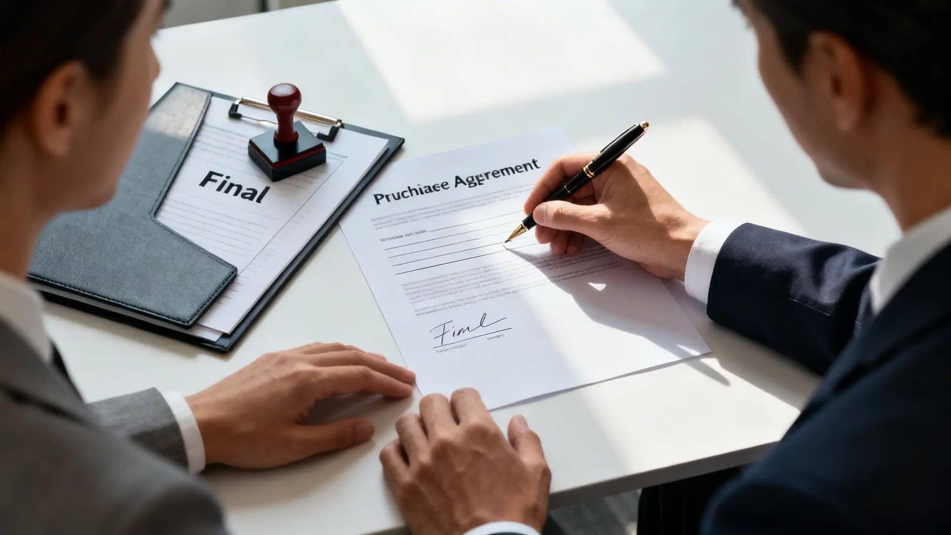 Two business professionals signing a 'Purchase Agreement' document, with another document marked 'Final' nearby.