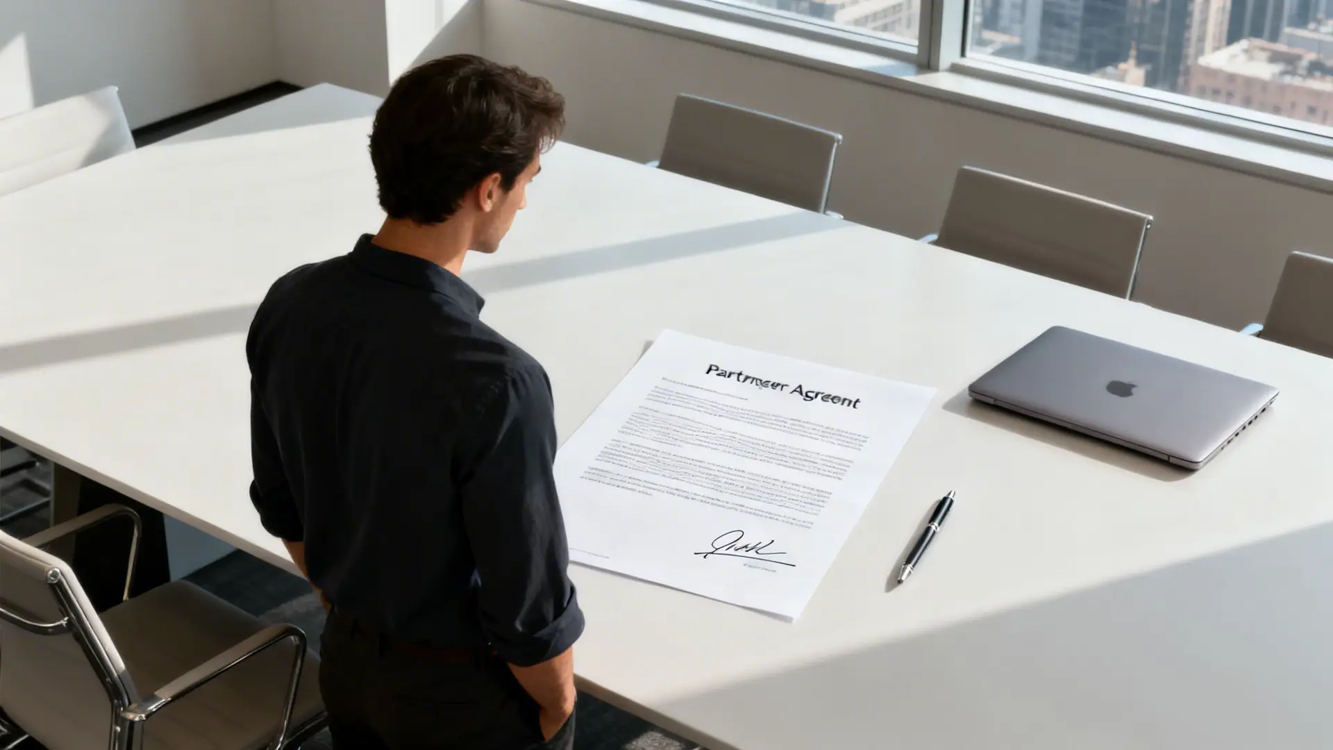 A man in a dark shirt reviews a 'Partner Agreement' document on a conference table with a laptop.