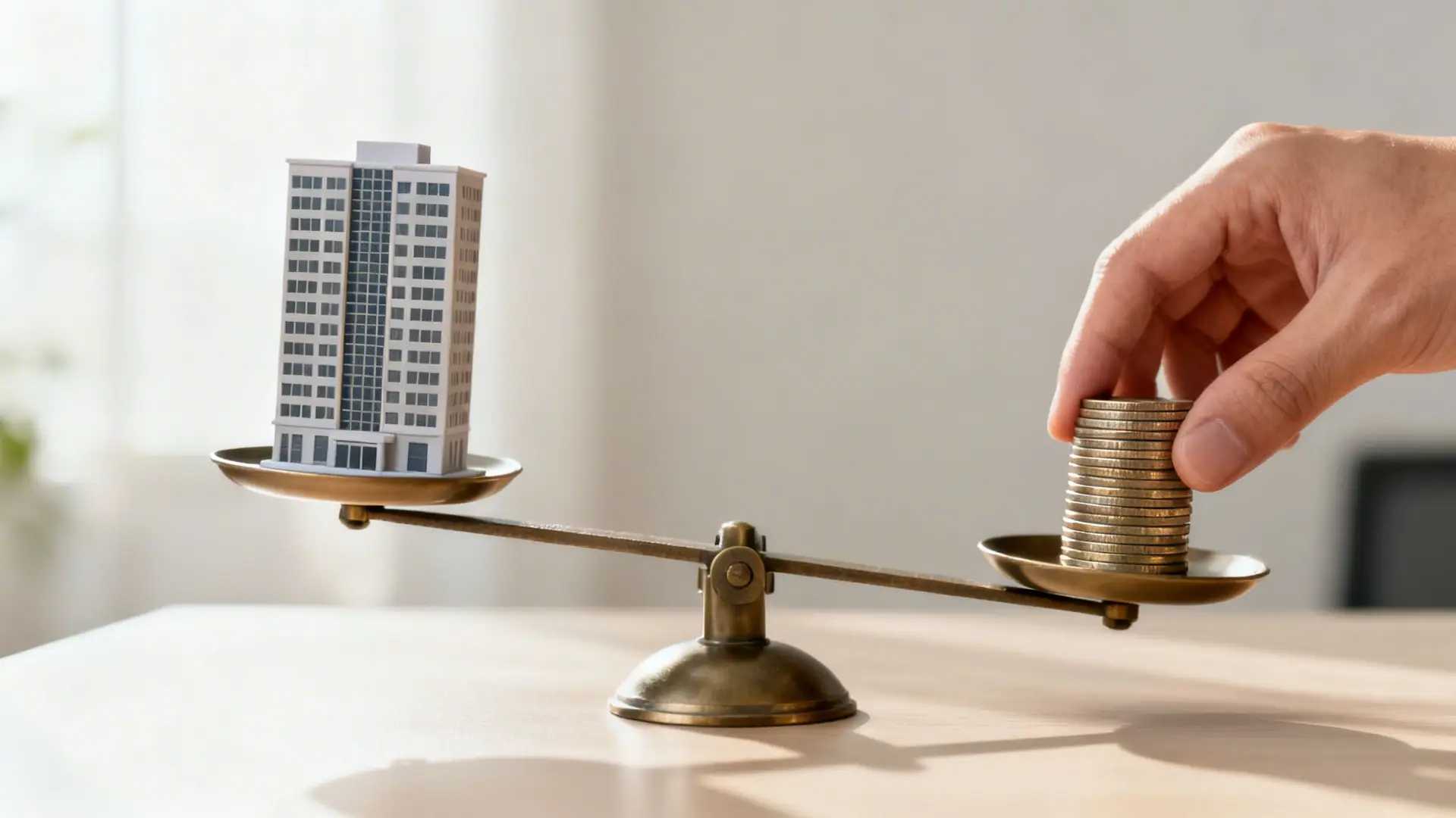 A balance scale with a building model on one side and a hand adding coins to the other.