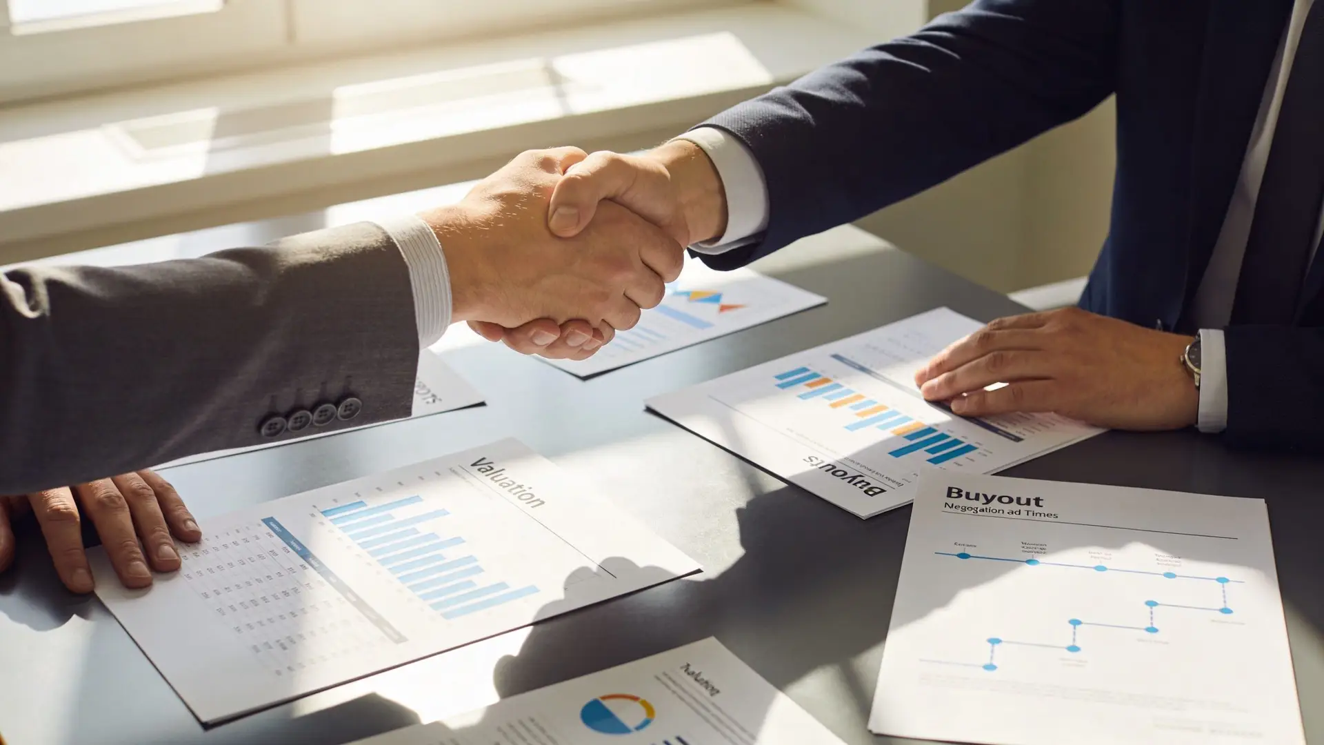 Two business professionals shaking hands over a table filled with financial documents regarding business partnership dissolution.