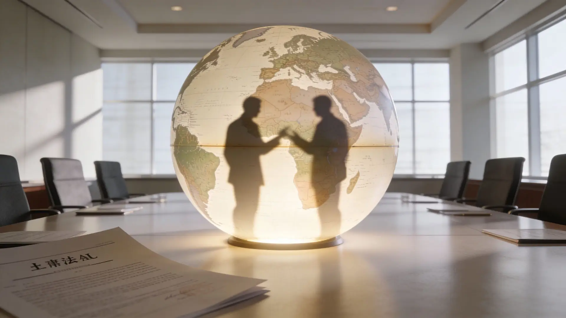 A boardroom table with a glowing globe showing a silhouette of two business partners shaking hands inside.