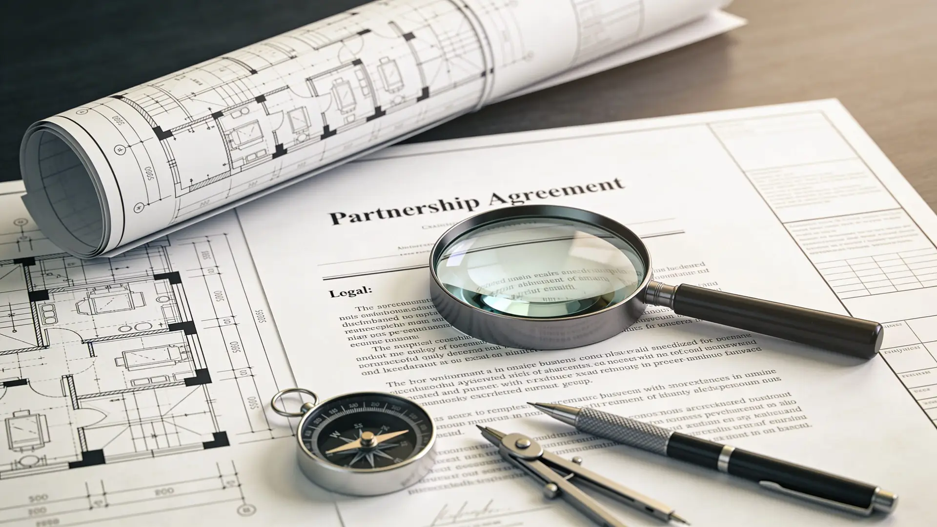 A magnifying glass, compass, and drafting tools resting on a printed partnership agreement and blueprints.