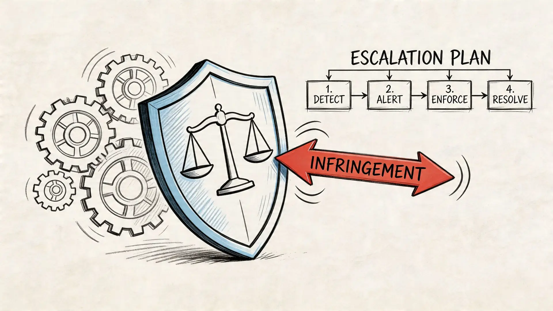 A digital illustration showing a legal shield protecting against an infringement arrow with an escalation plan diagram.