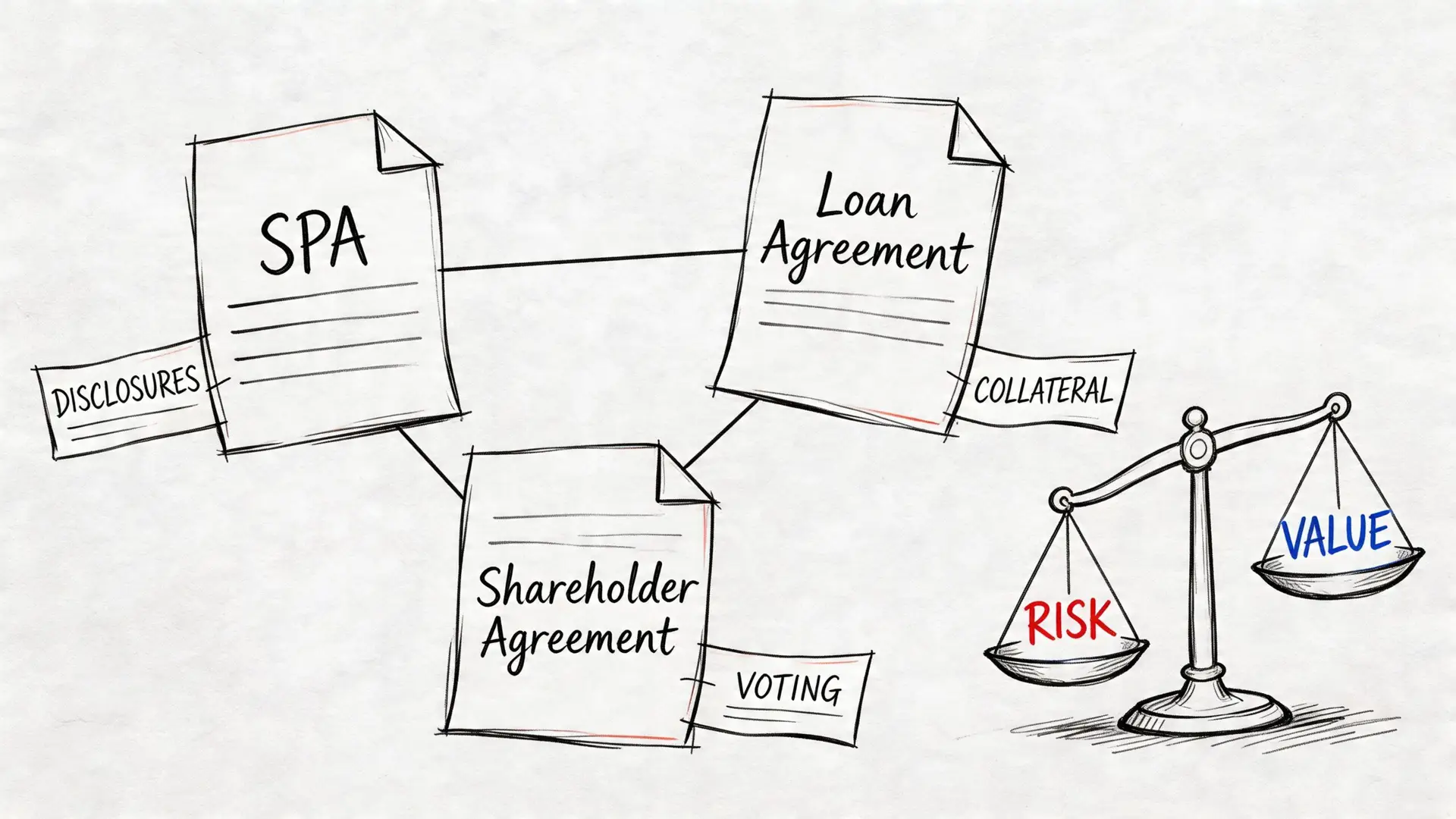 A hand-drawn illustration showing the key legal documents and balancing risks versus value in business acquisitions.