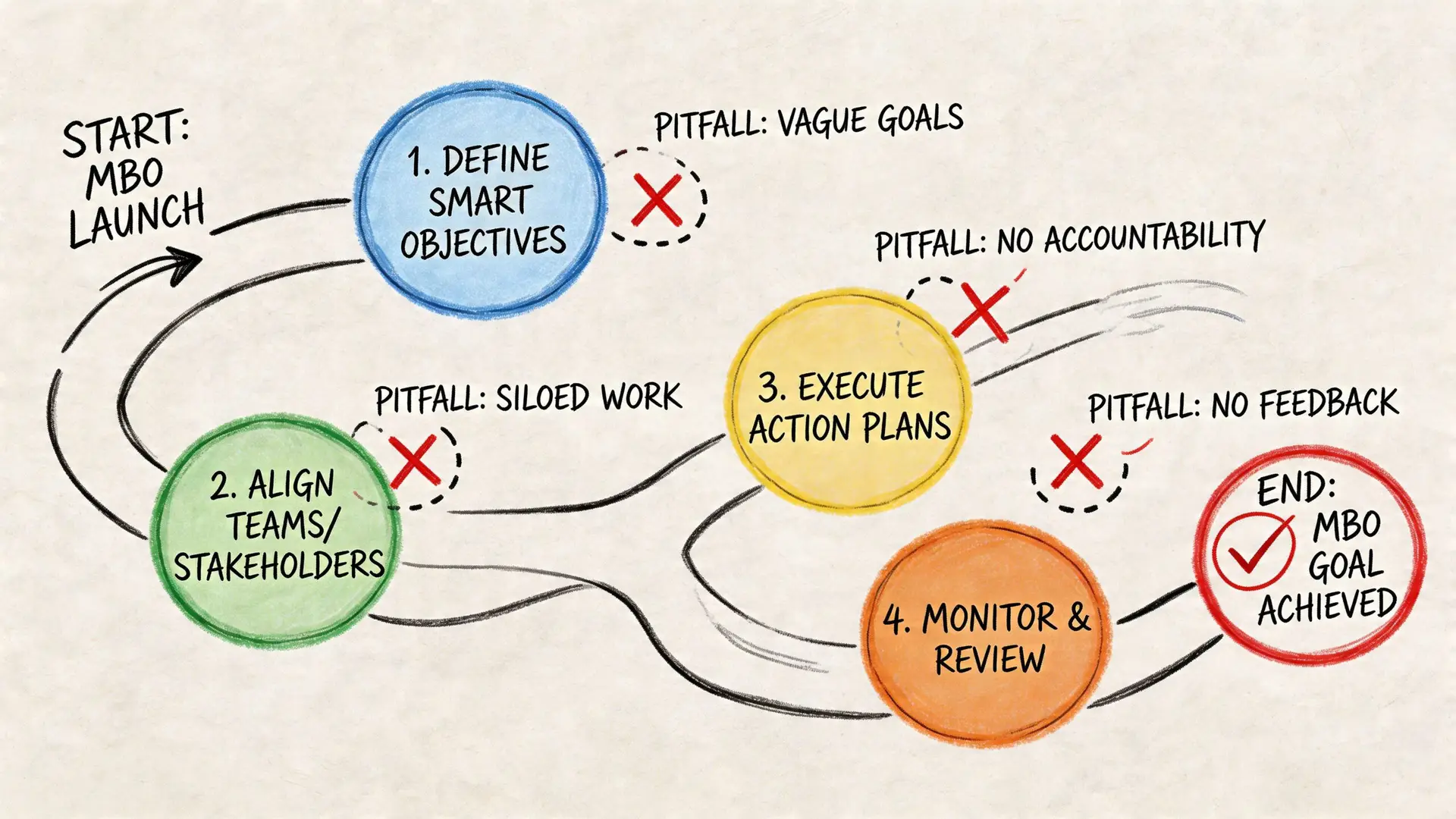 A diagram illustrating the four-step management by objectives process, including common pitfalls to avoid during execution.