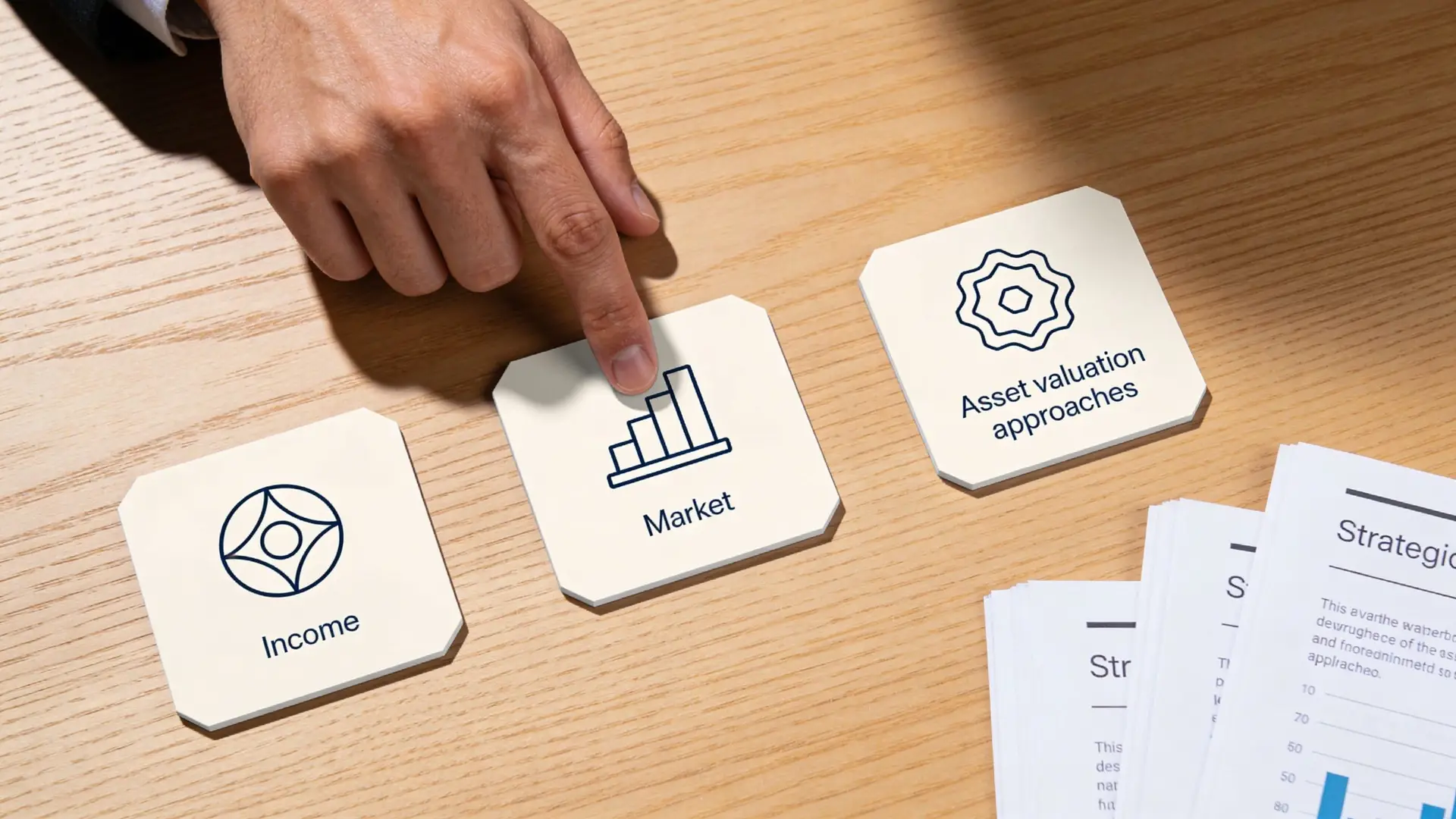A professional hand pointing at a card labeled Market, representing various asset valuation approaches for small businesses.