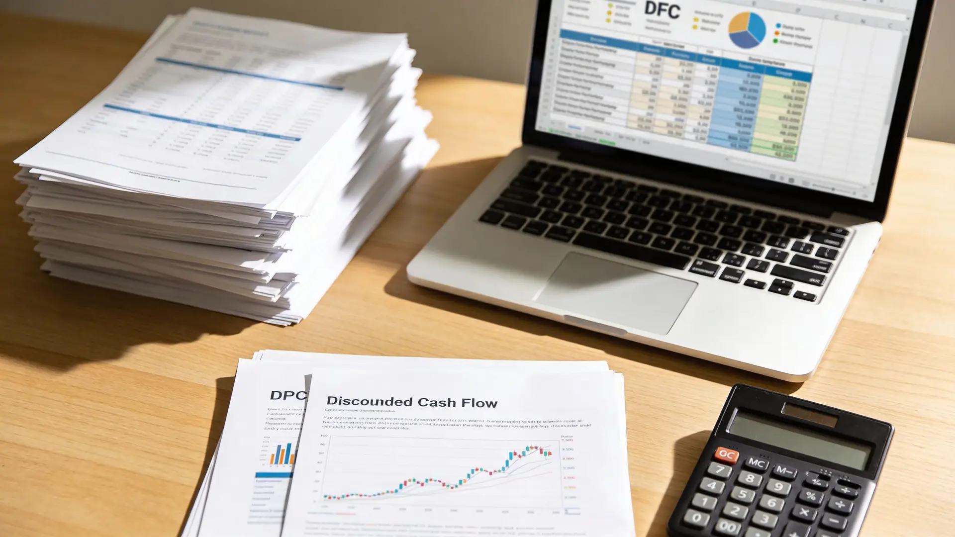 A professional office desk with a laptop displaying financial charts, a stack of documents, and a calculator.