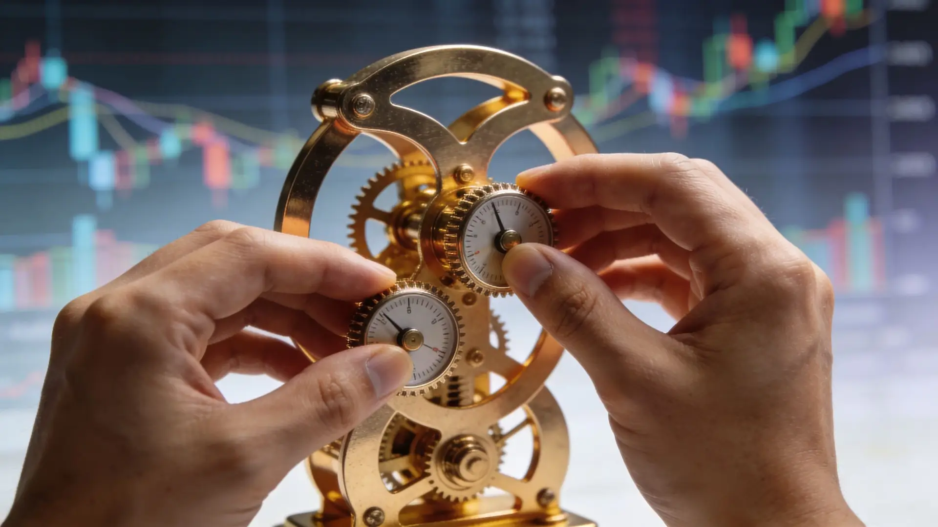A pair of hands adjusting brass gears on a mechanical device against a blurry stock market chart background.