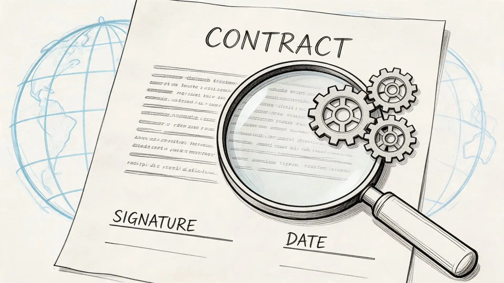 A magnifying glass inspecting a contract document with mechanical gears, representing intellectual property review and legal analysis.