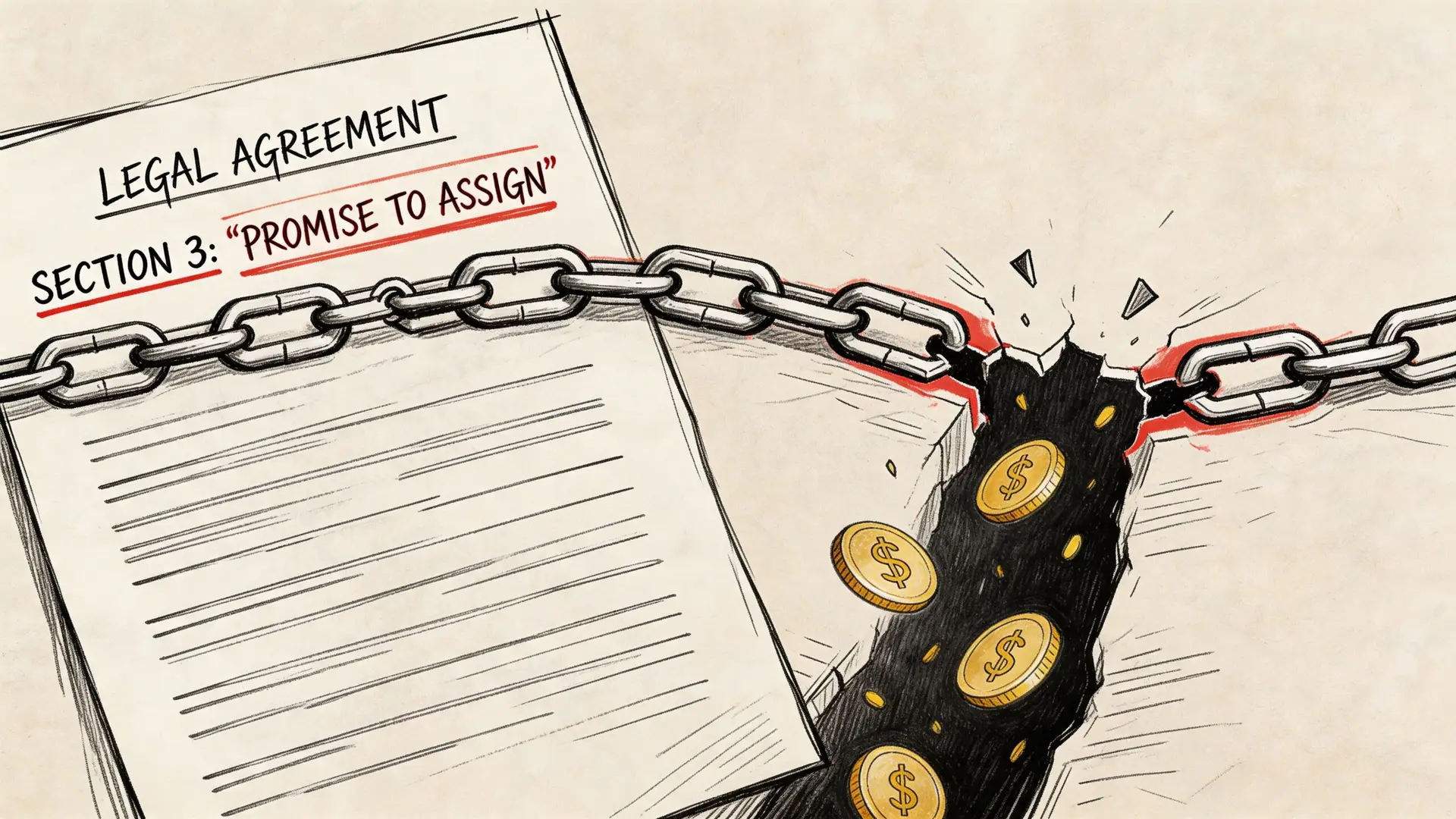 A conceptual illustration of a legal document titled Section 3 Promise to Assign being broken by coins.
