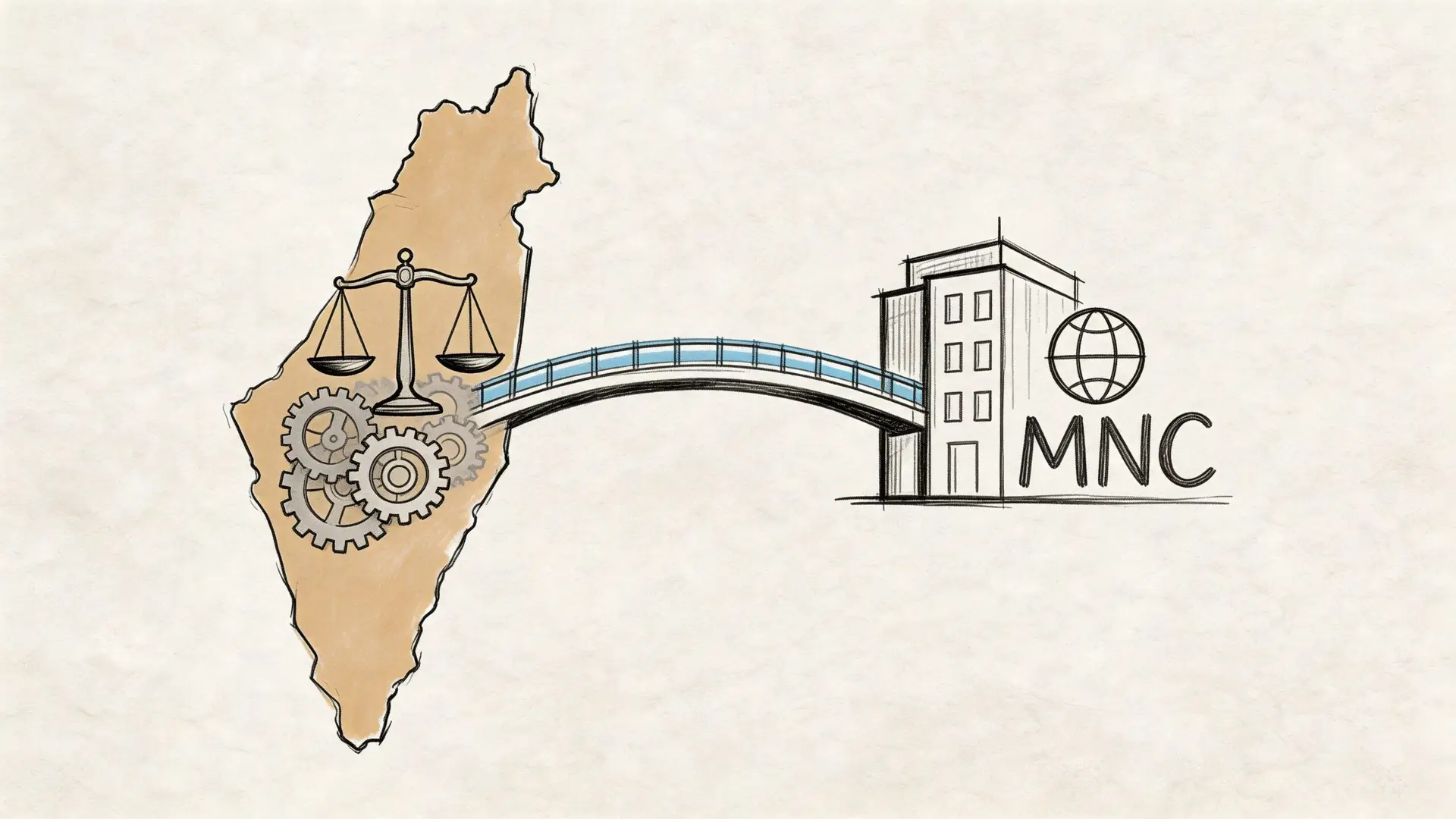 A conceptual illustration showing a bridge connecting the map of Taiwan to a multinational corporation building.