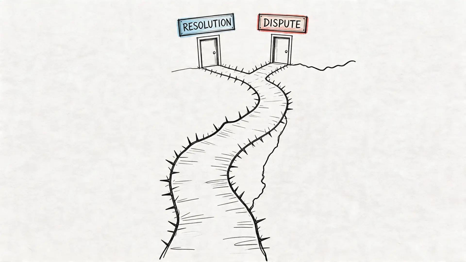 A conceptual drawing of a fork in the road leading to doors labeled Resolution and Dispute.