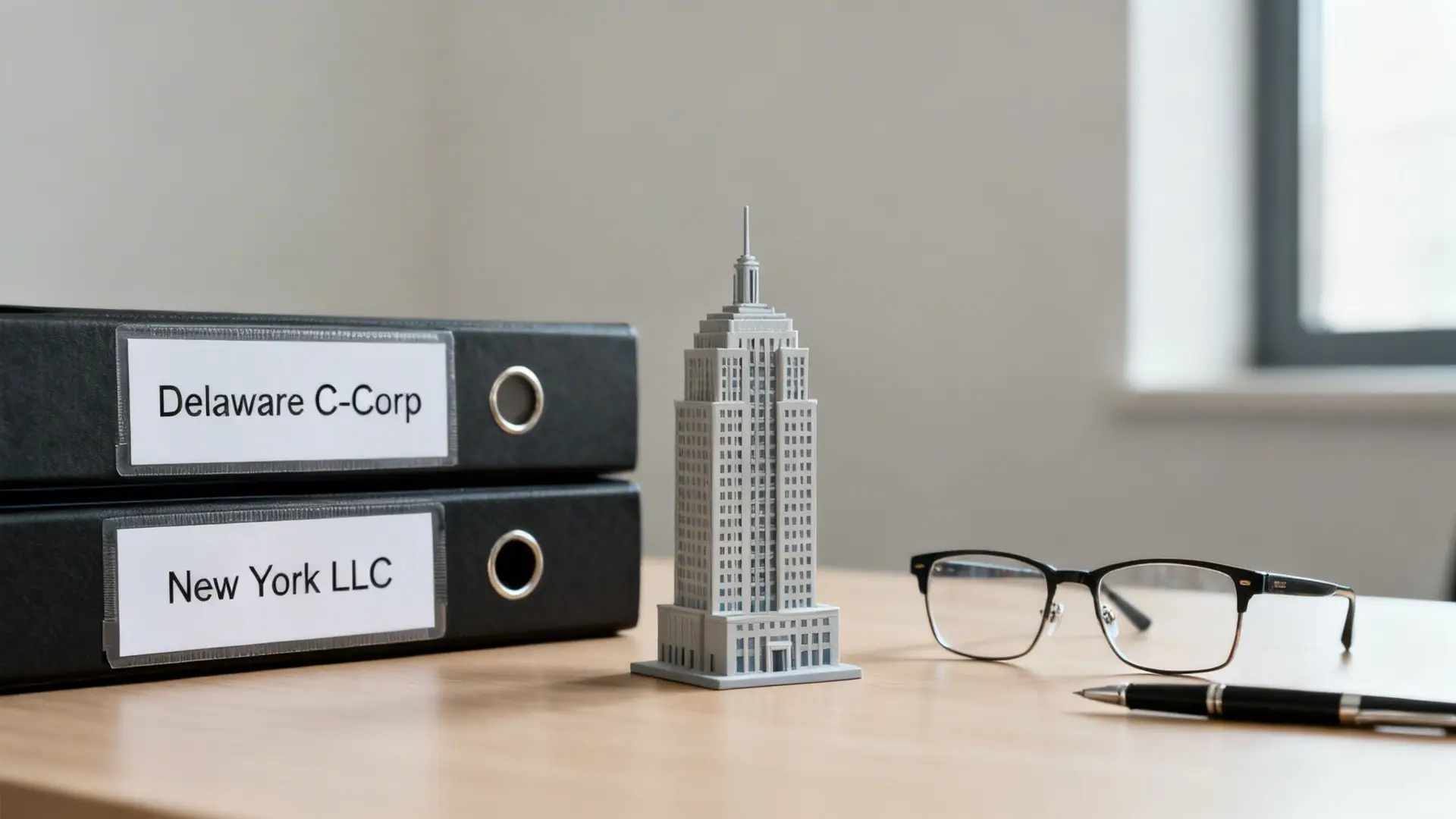 Black binders labeled Delaware C-Corp and New York LLC beside an Empire State Building model.