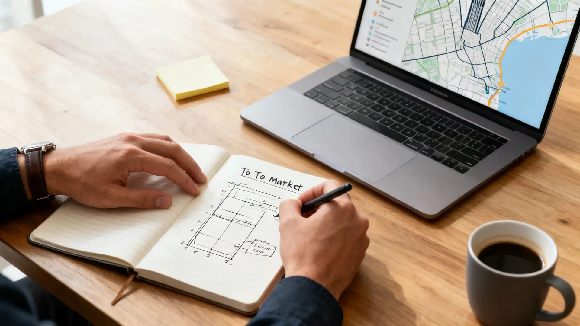 A person writes 'To To Market' in a notebook on a wooden desk with a laptop displaying a map.