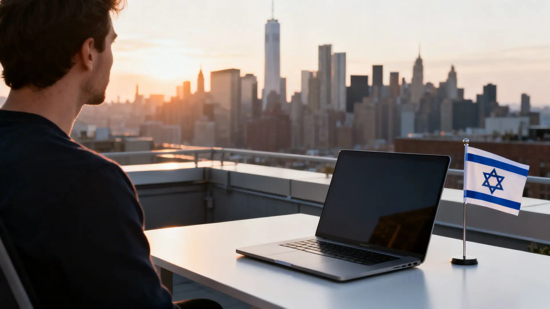 Man overlooking New York City skyline at sunset with a laptop and Israeli flag on a table.