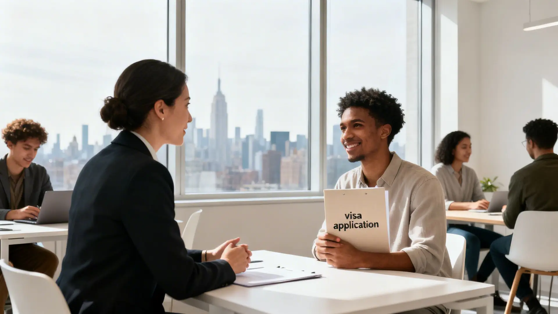 A woman interviews a smiling man holding a 'visa application' folder in a bright office with a city skyline.