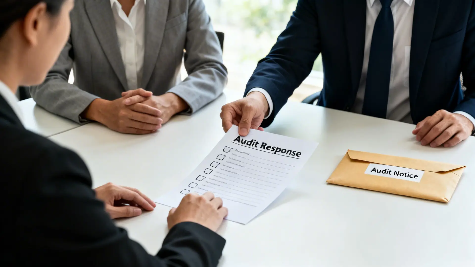 Professionals at a table, exchanging an 'Audit Response' form during a meeting.