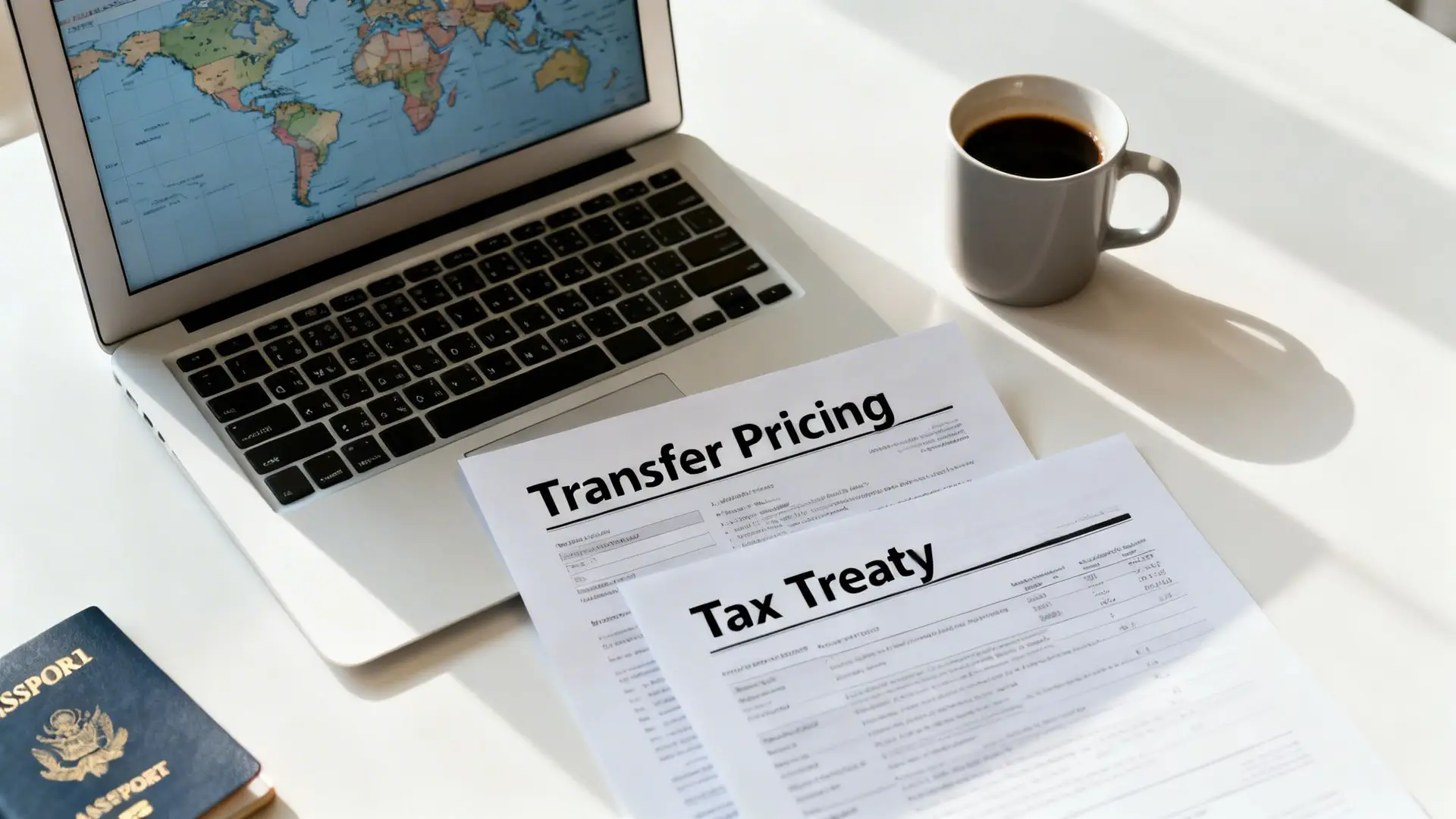A workspace with a laptop displaying a world map, tax documents, coffee, and a passport.