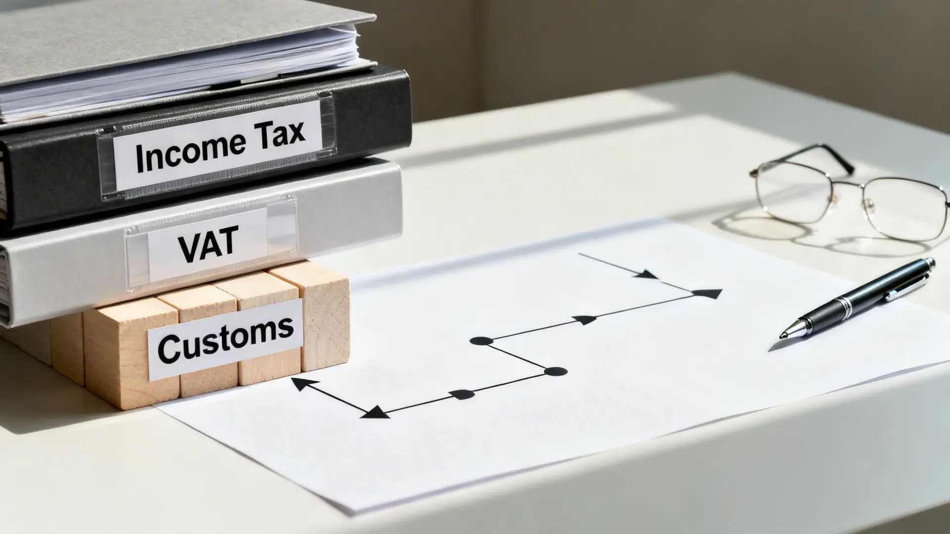 Stack of binders labeled Income Tax, VAT, and Customs on a desk with a process graph and pen.