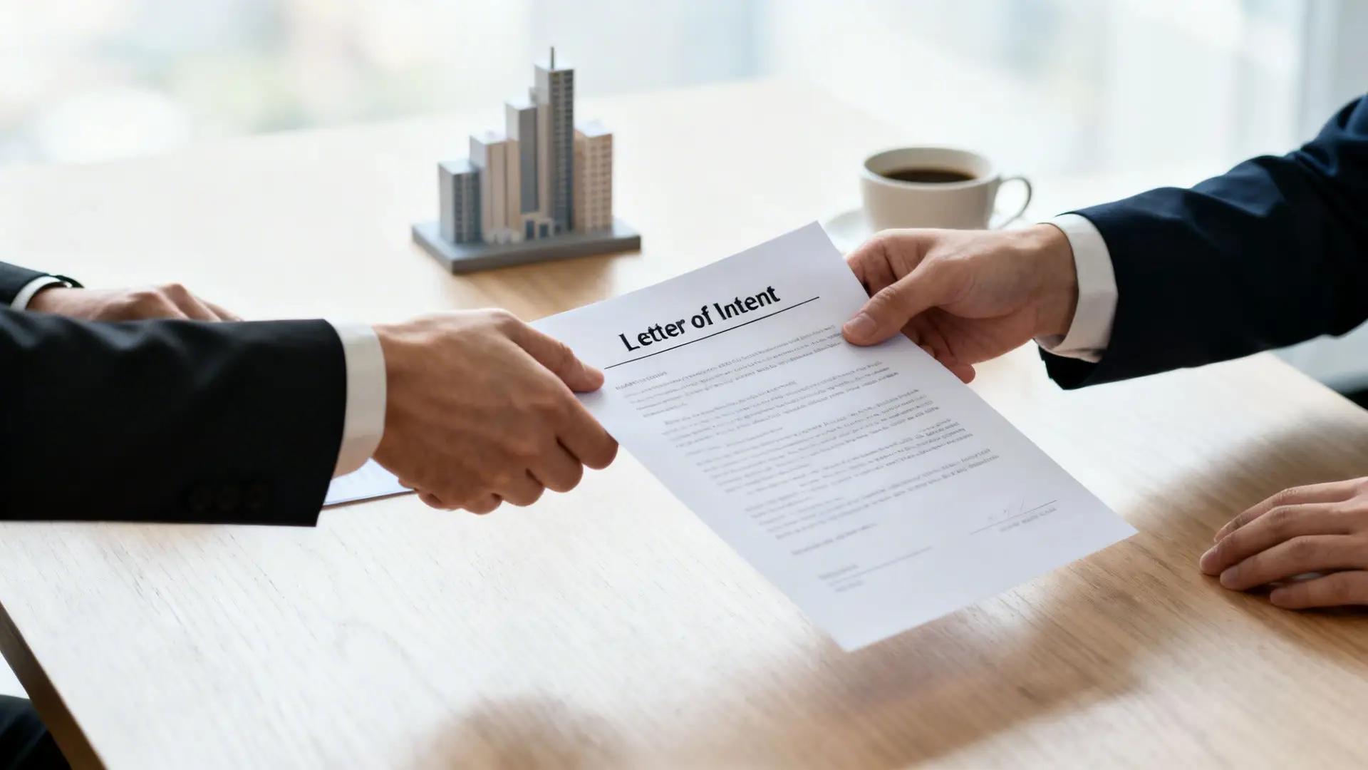 Two businessmen exchanging a "Letter of Intent" document over a wooden table, suggesting a business deal.