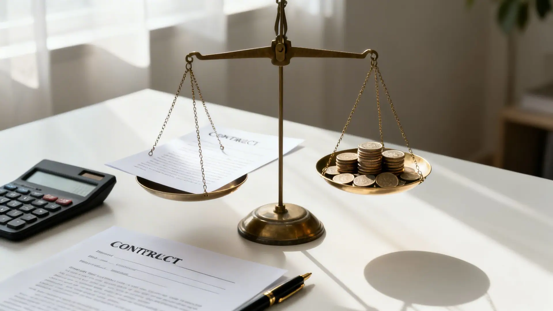 Justice scales weighing a business contract document against stacks of coins on a white desk.