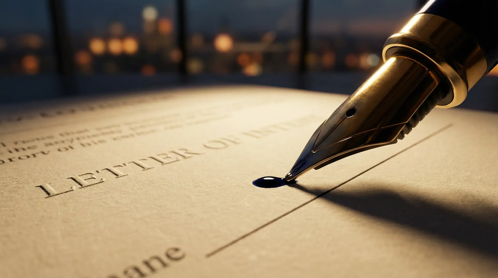 A dramatic, high-contrast close-up of a professional reviewing a Letter of Intent (LOI) for a business acquisition, featuring a magnifying glass focused on key binding legal clauses and financial terms