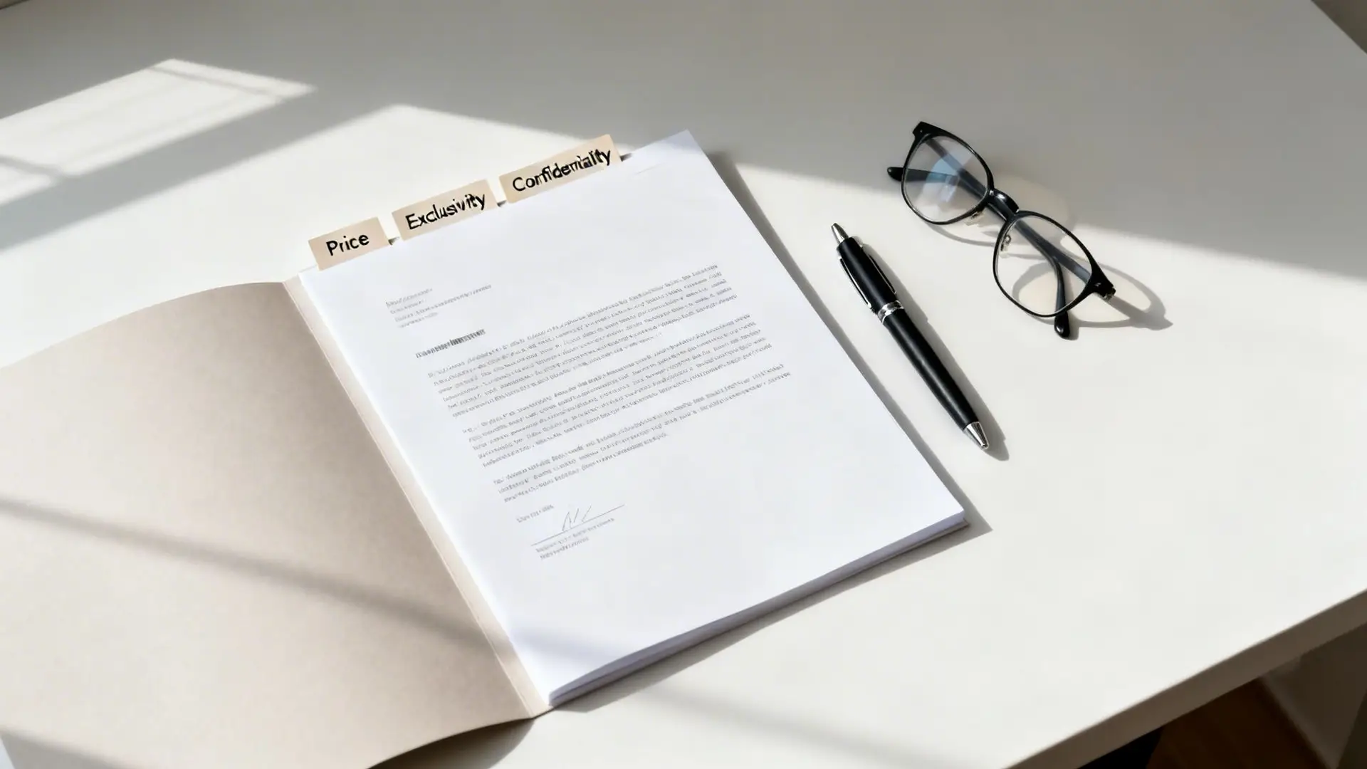 An open legal document with tabs labeled Price, Exclusivity, and Confidentiality on a white desk with a pen and glasses.