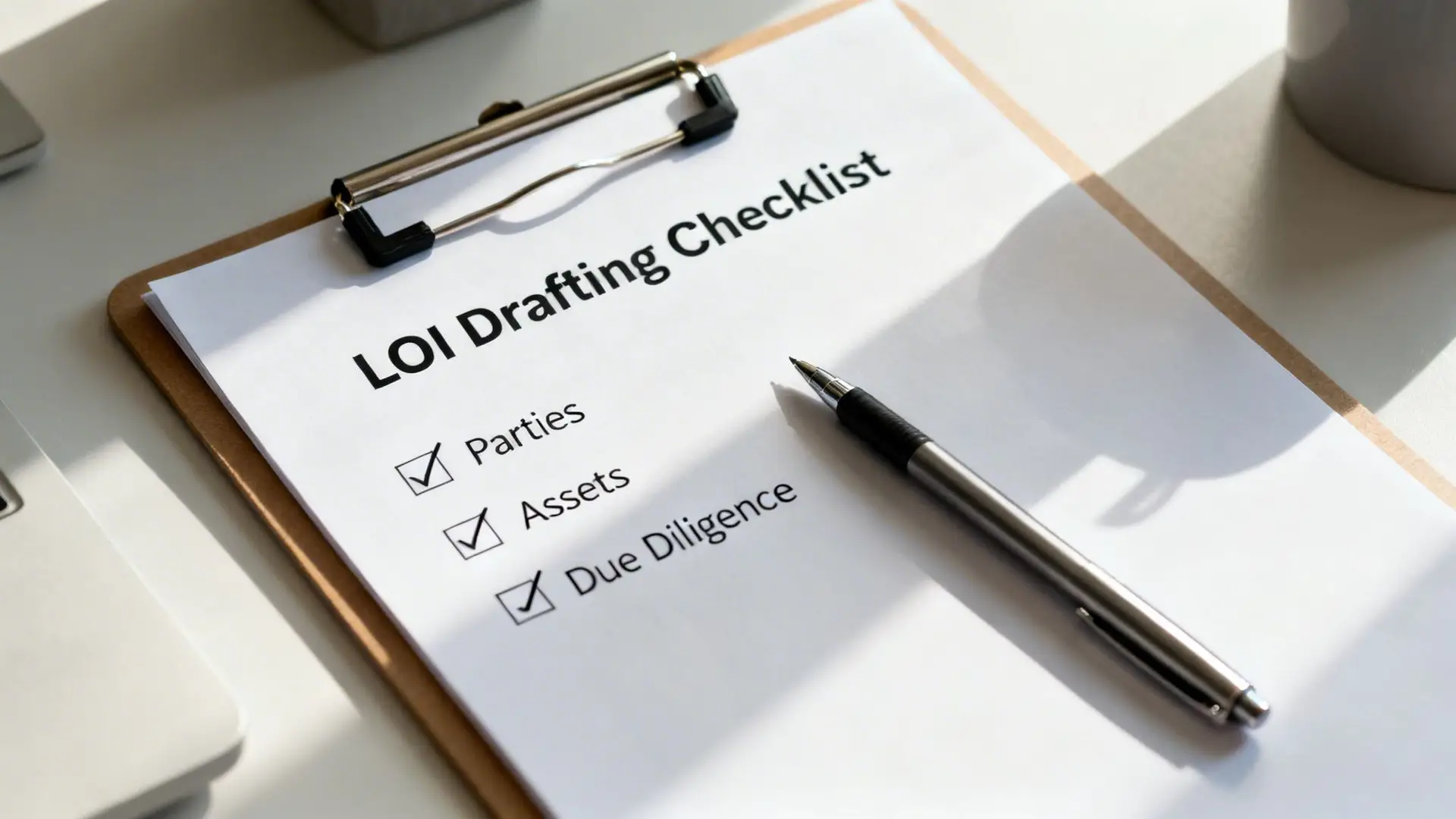 LOI Drafting Checklist document on a clipboard with 'Parties', 'Assets', 'Due Diligence' checked and a pen.