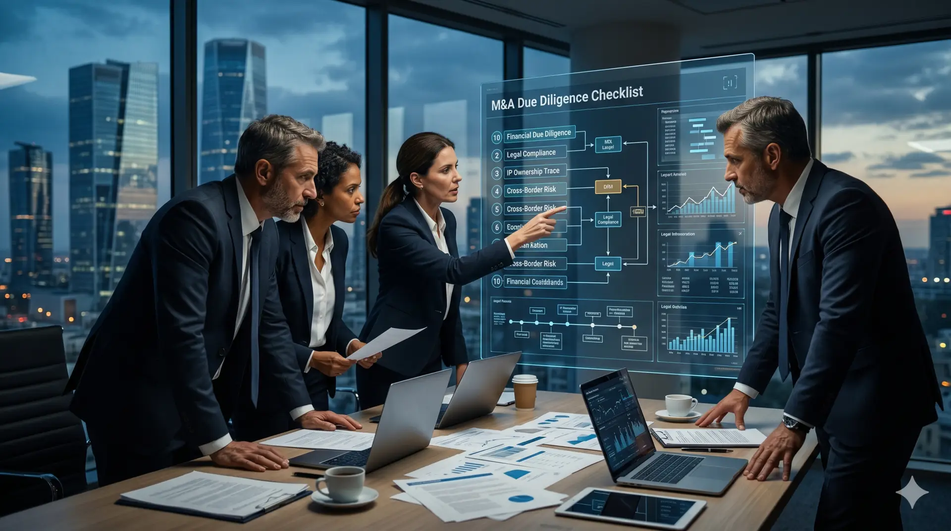 Professional digital interface displaying a mergers and acquisitions due diligence checklist for corporate transactions