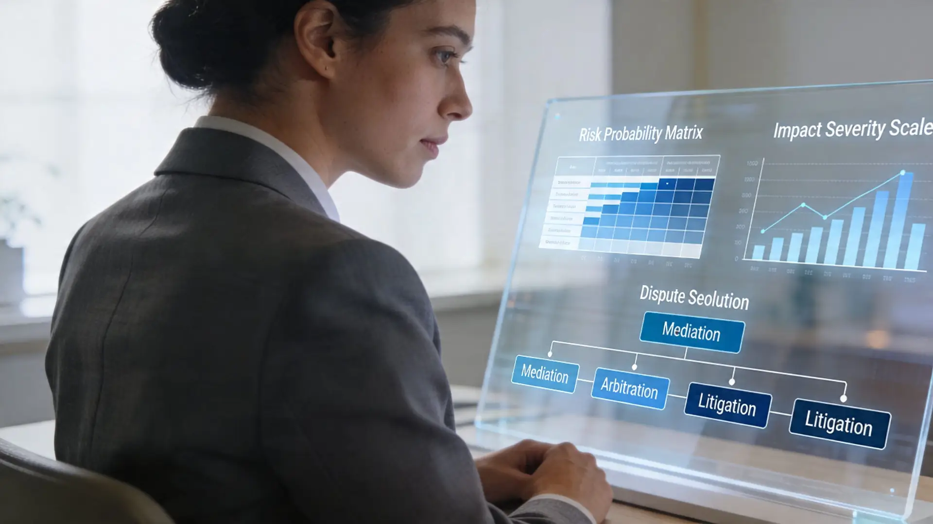 A businesswoman analyzing a digital transparent display showing risk probability matrices and dispute resolution flowcharts in an office.