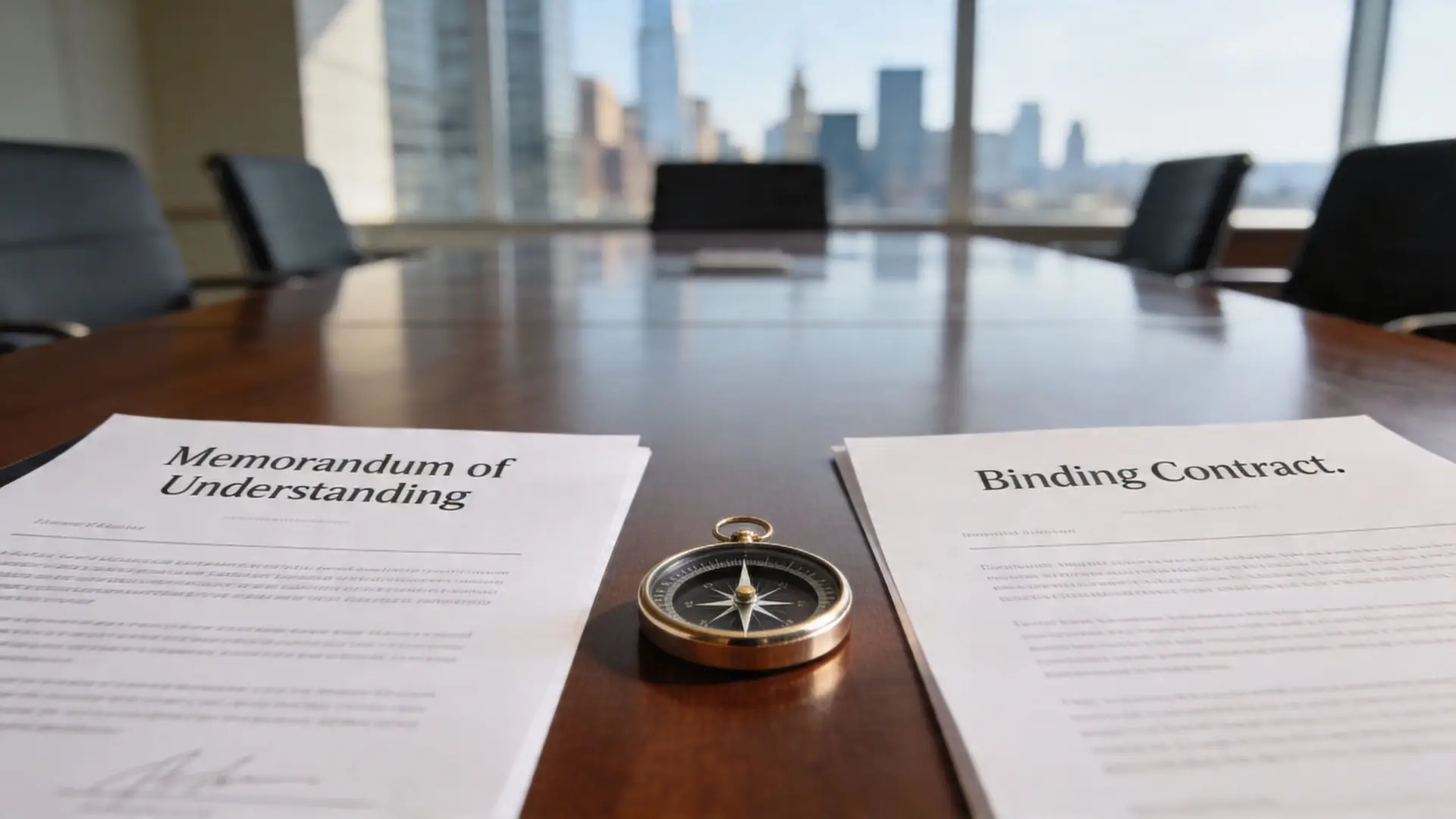 A compass resting on a conference table between a Memorandum of Understanding and a Binding Contract document.
