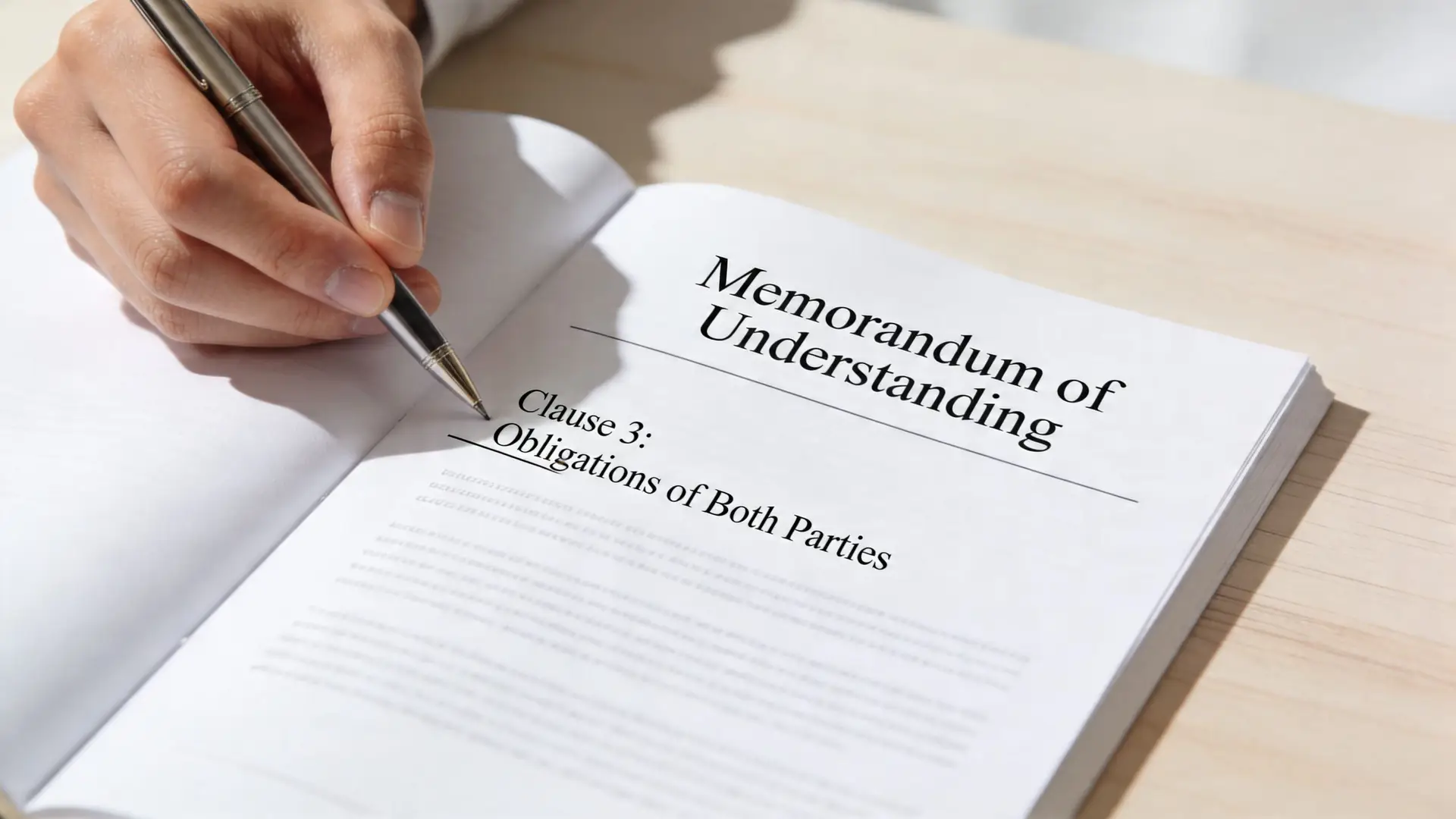 A person holding a pen over a document titled Memorandum of Understanding, Clause 3: Obligations of Both Parties.