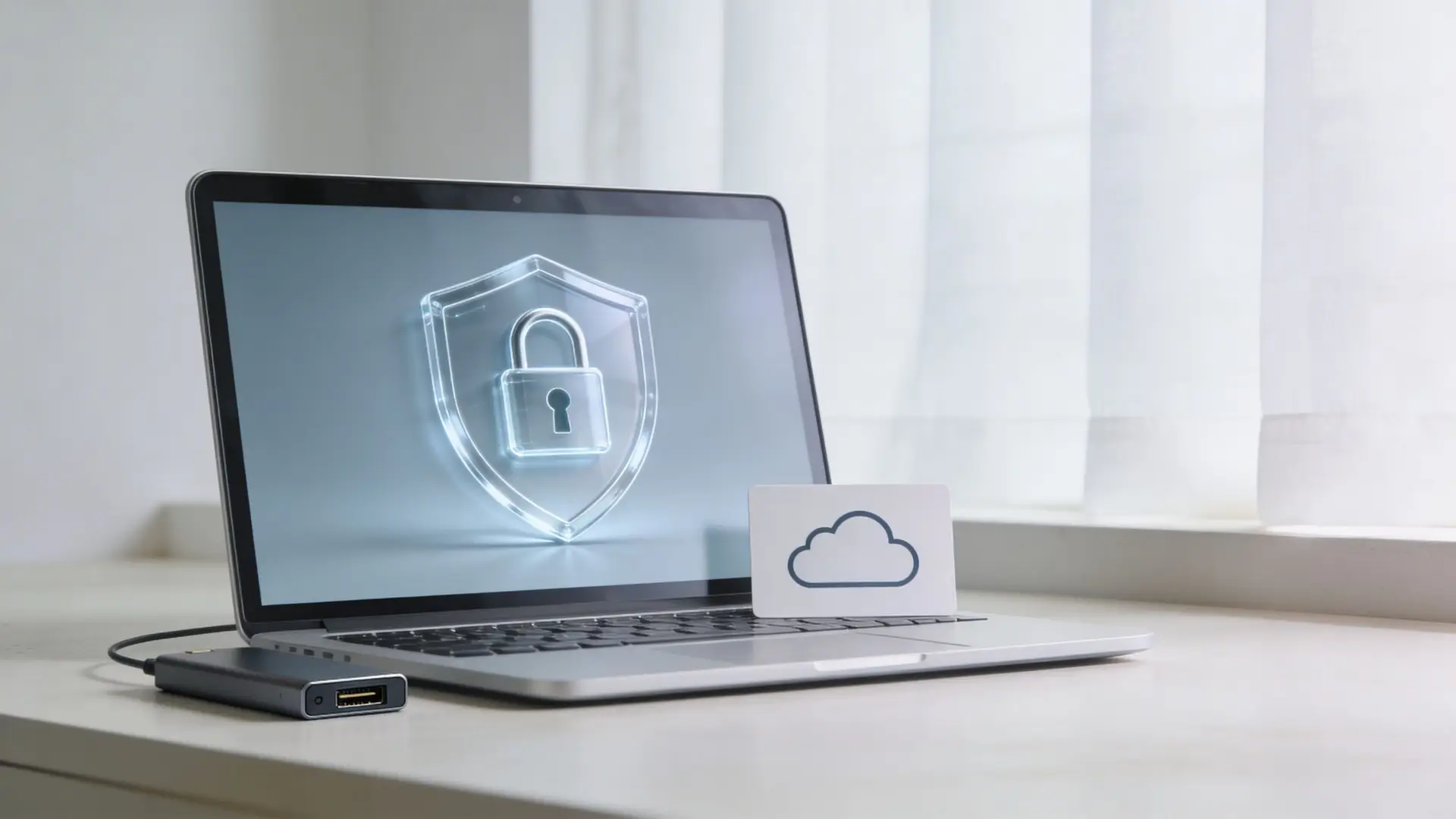 A silver laptop with a security shield and padlock icon on screen next to a cloud card.